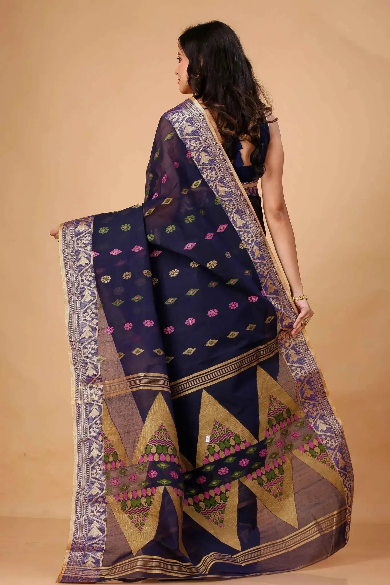Baltic Sea- Pure Cotton Bengal Handloom Saree With Golden Zari Border Pallu
