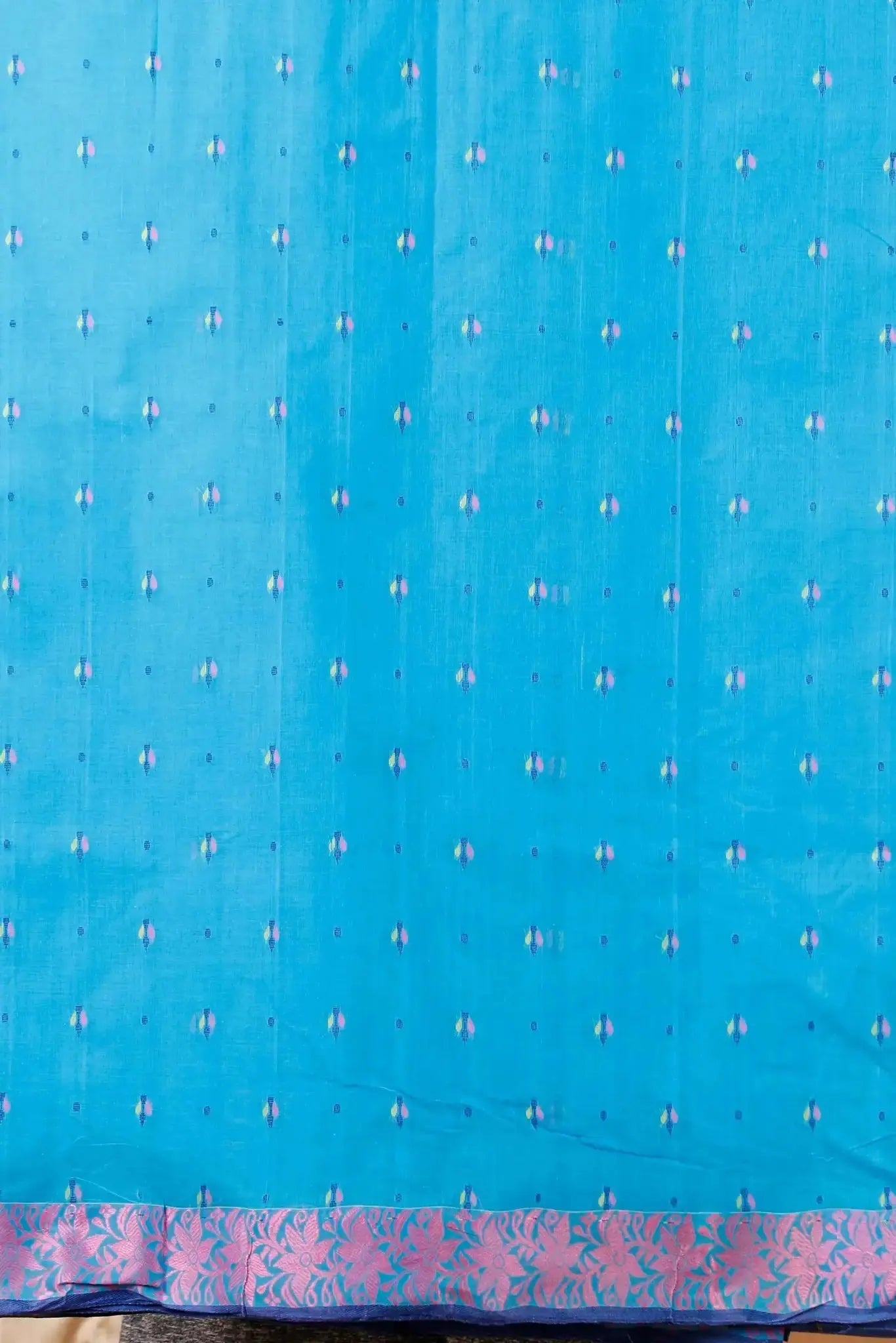 Pacific Blue- Pure Cotton Bengal Handloom Saree With Block Print Border Pallu