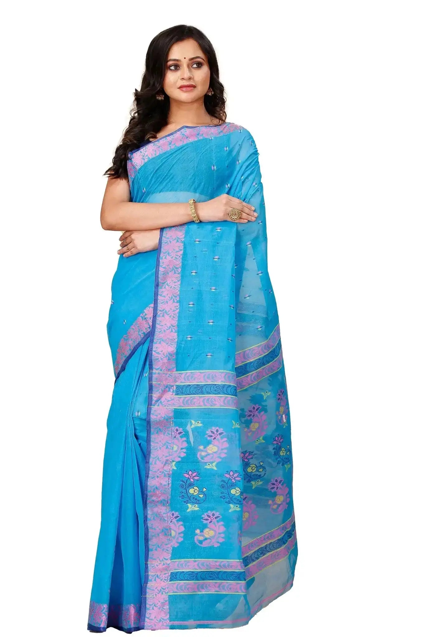 Pacific Blue- Pure Cotton Bengal Handloom Saree With Block Print Border Pallu