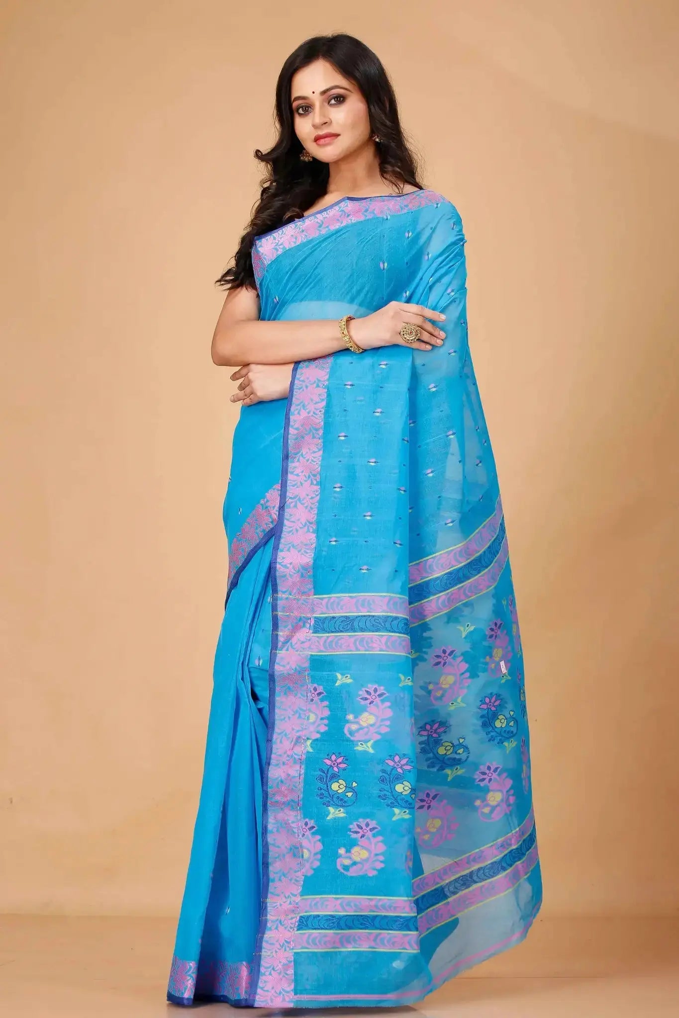 Pacific Blue- Pure Cotton Bengal Handloom Saree With Block Print Border Pallu