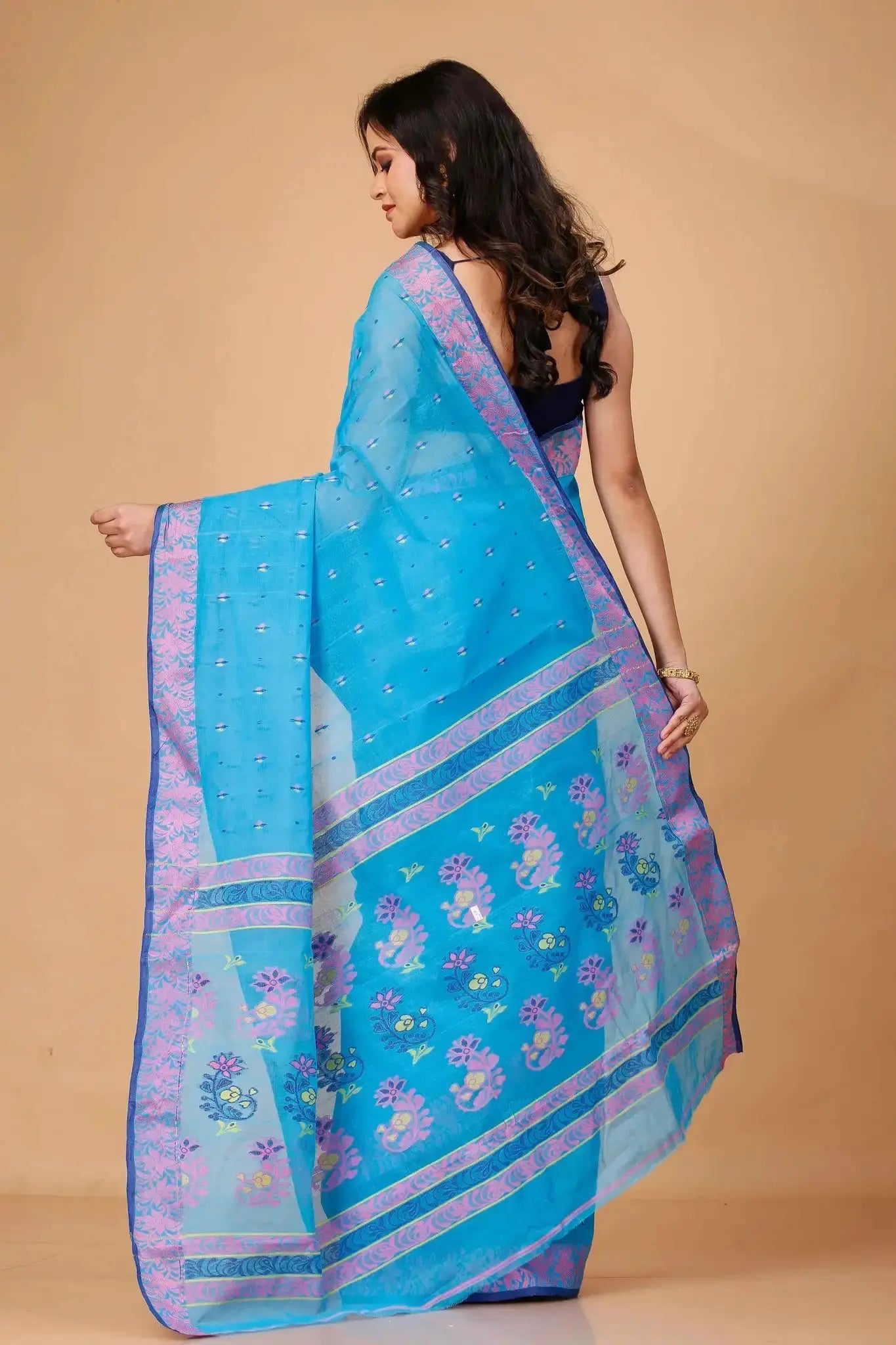 Pacific Blue- Pure Cotton Bengal Handloom Saree With Block Print Border Pallu