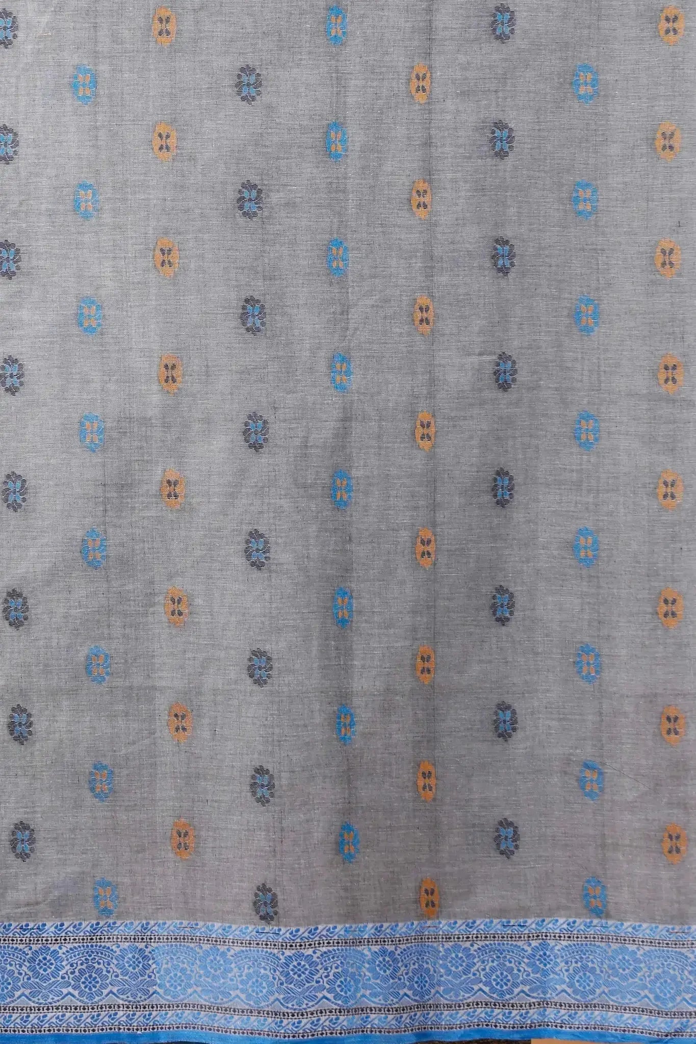 Grey- Pure Cotton Bengal Handloom Saree With Blue Border Floral Patterns