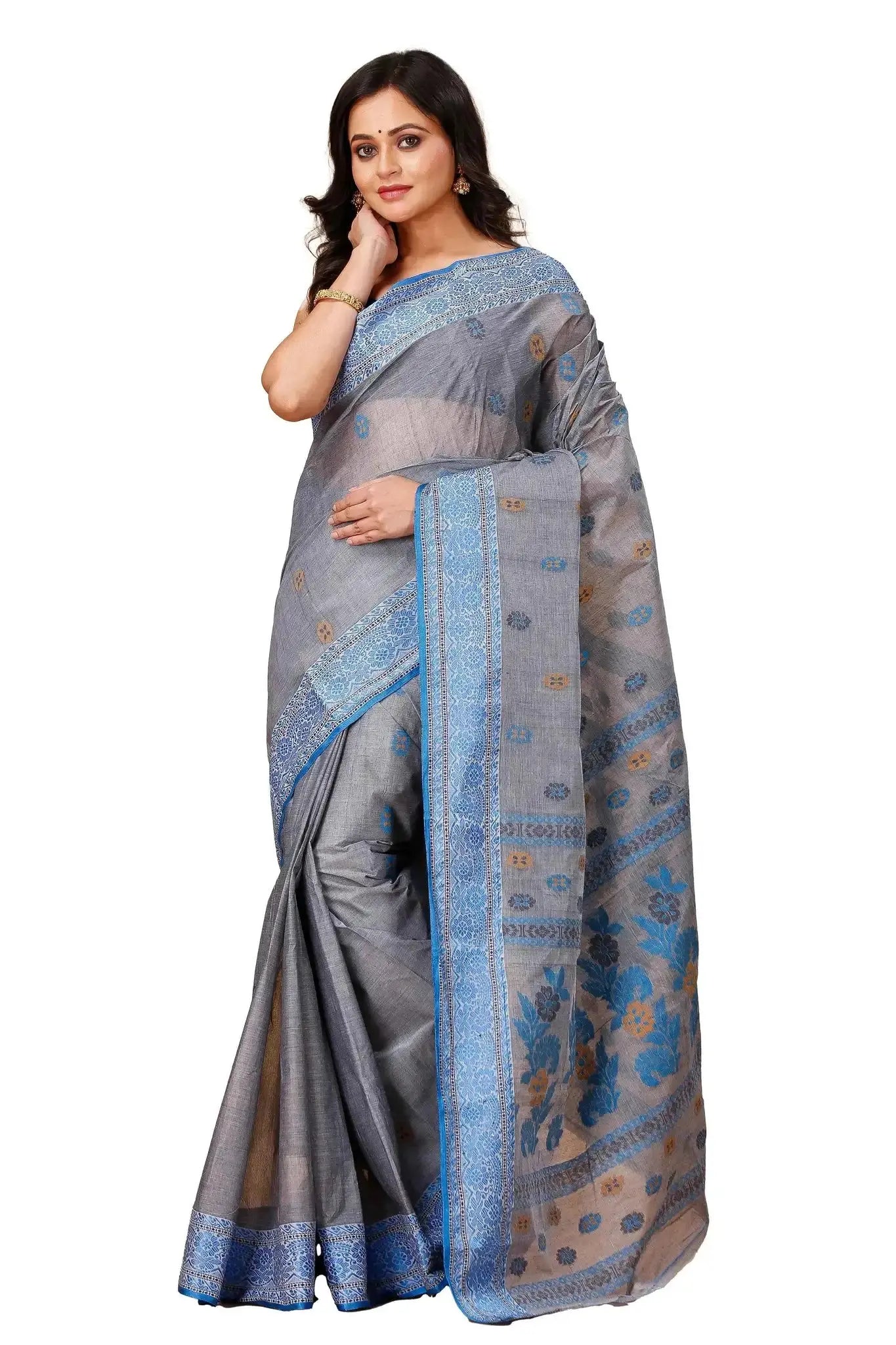 Grey- Pure Cotton Bengal Handloom Saree With Blue Border Floral Patterns