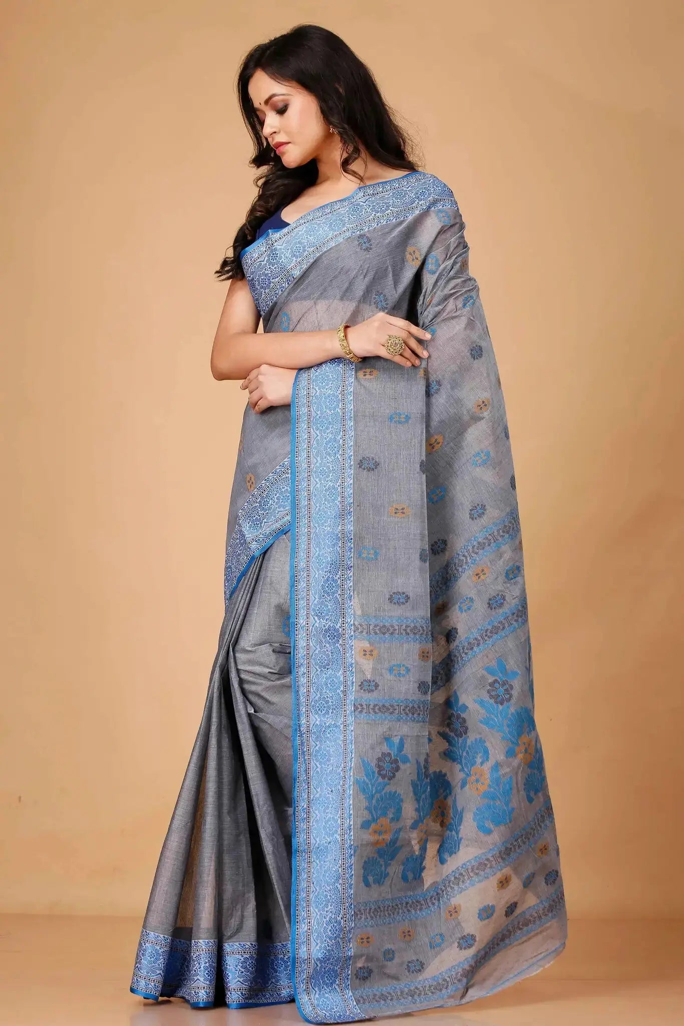 Grey- Pure Cotton Bengal Handloom Saree With Blue Border Floral Patterns