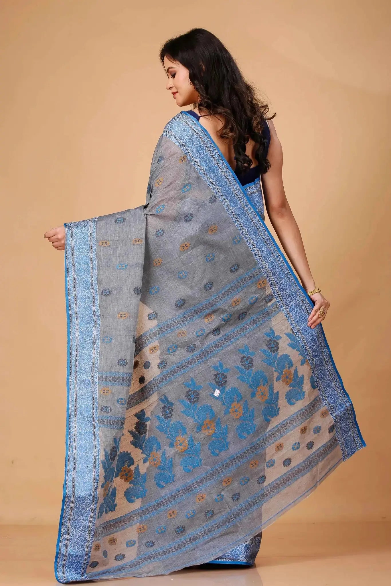 Grey- Pure Cotton Bengal Handloom Saree With Blue Border Floral Patterns