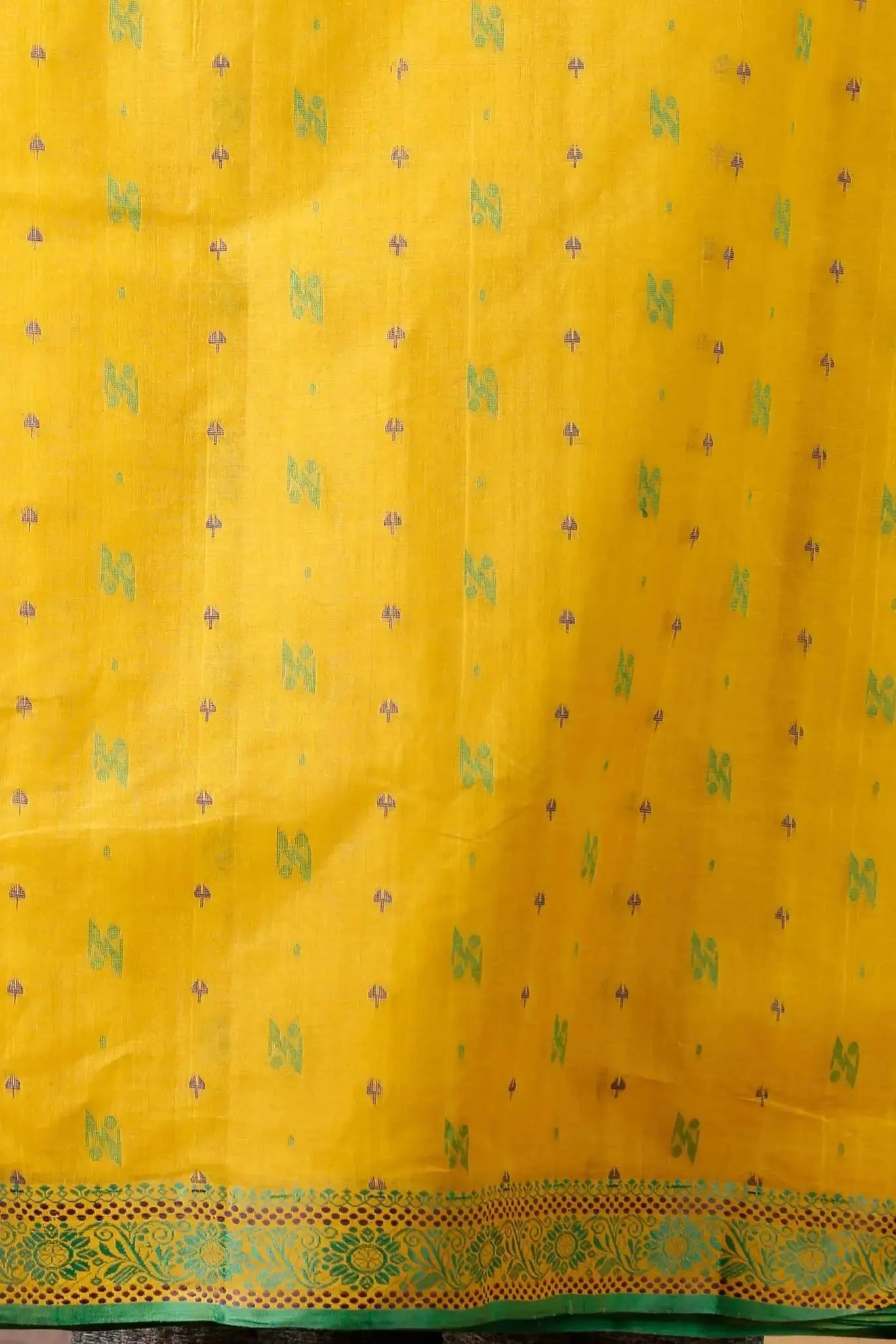 Orange Gold- Pure Cotton Bengal Handloom Saree With Green Floral Pallu