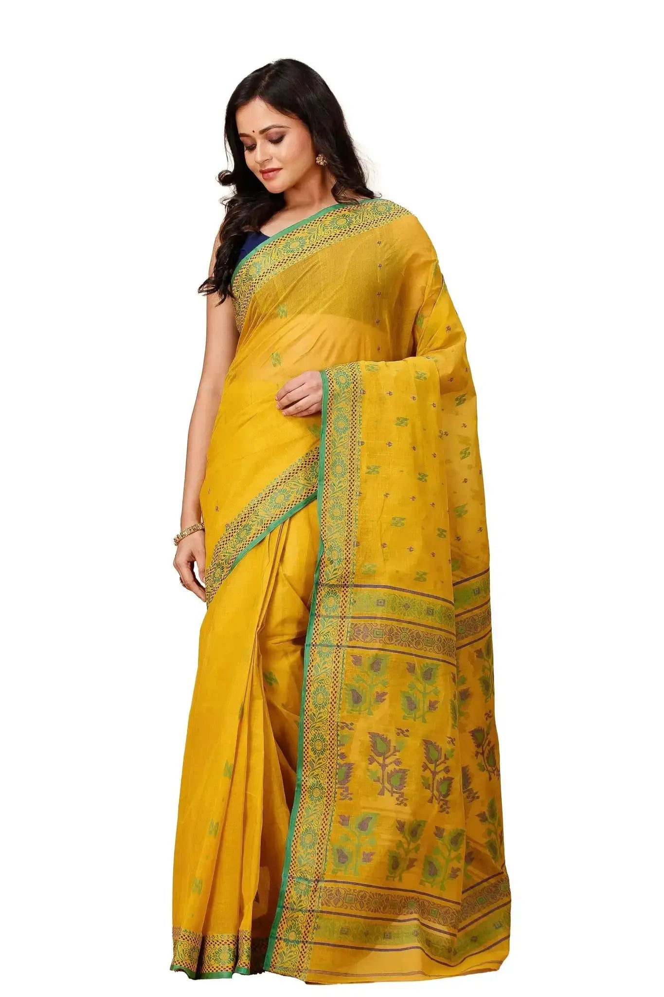 Orange Gold- Pure Cotton Bengal Handloom Saree With Green Floral Pallu