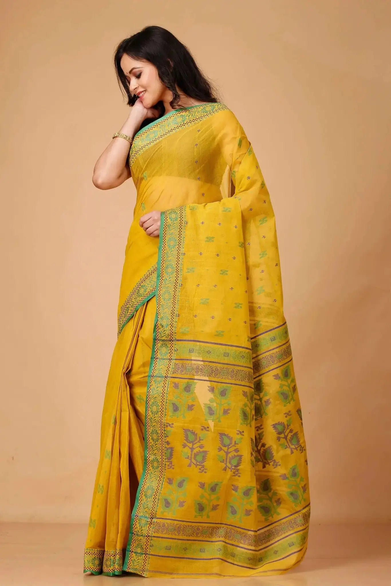 Orange Gold- Pure Cotton Bengal Handloom Saree With Green Floral Pallu