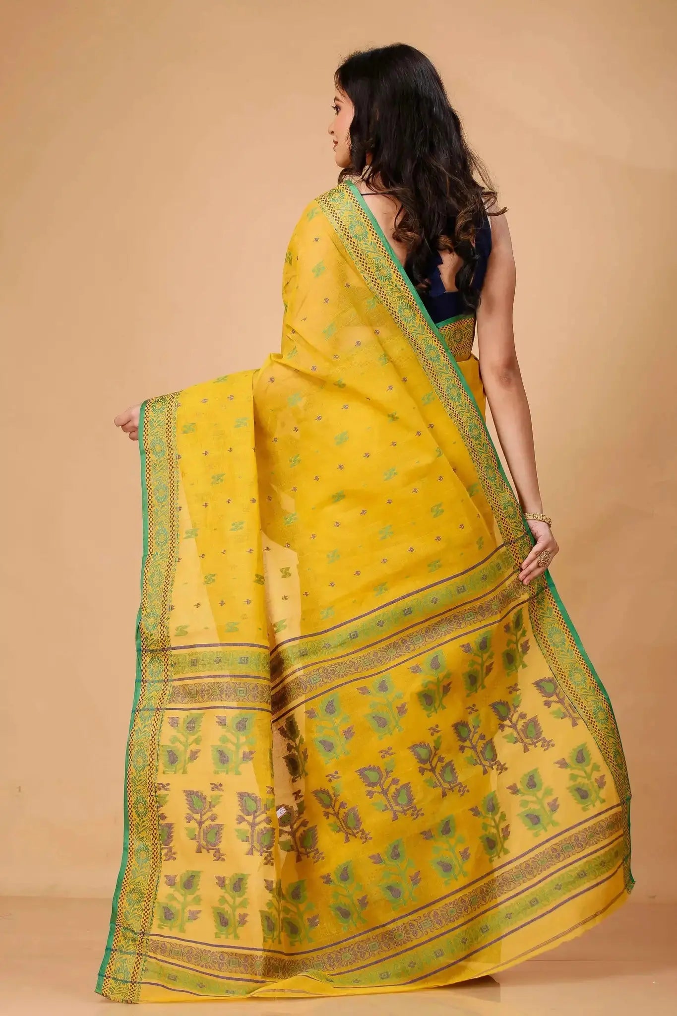 Orange Gold- Pure Cotton Bengal Handloom Saree With Green Floral Pallu