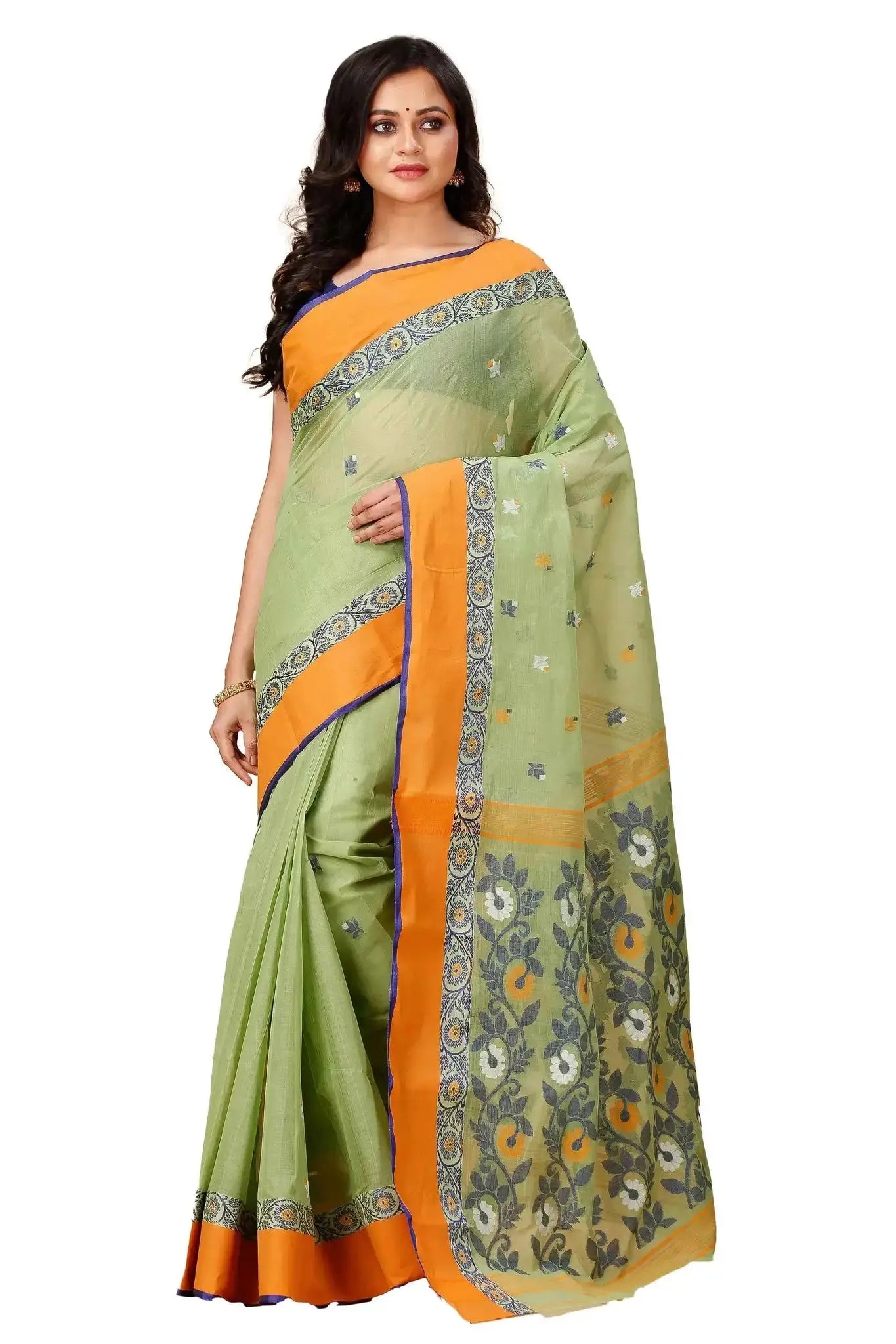 Light Olive- Pure Cotton Bengal Handloom Handwoven Saree With Elegant Border