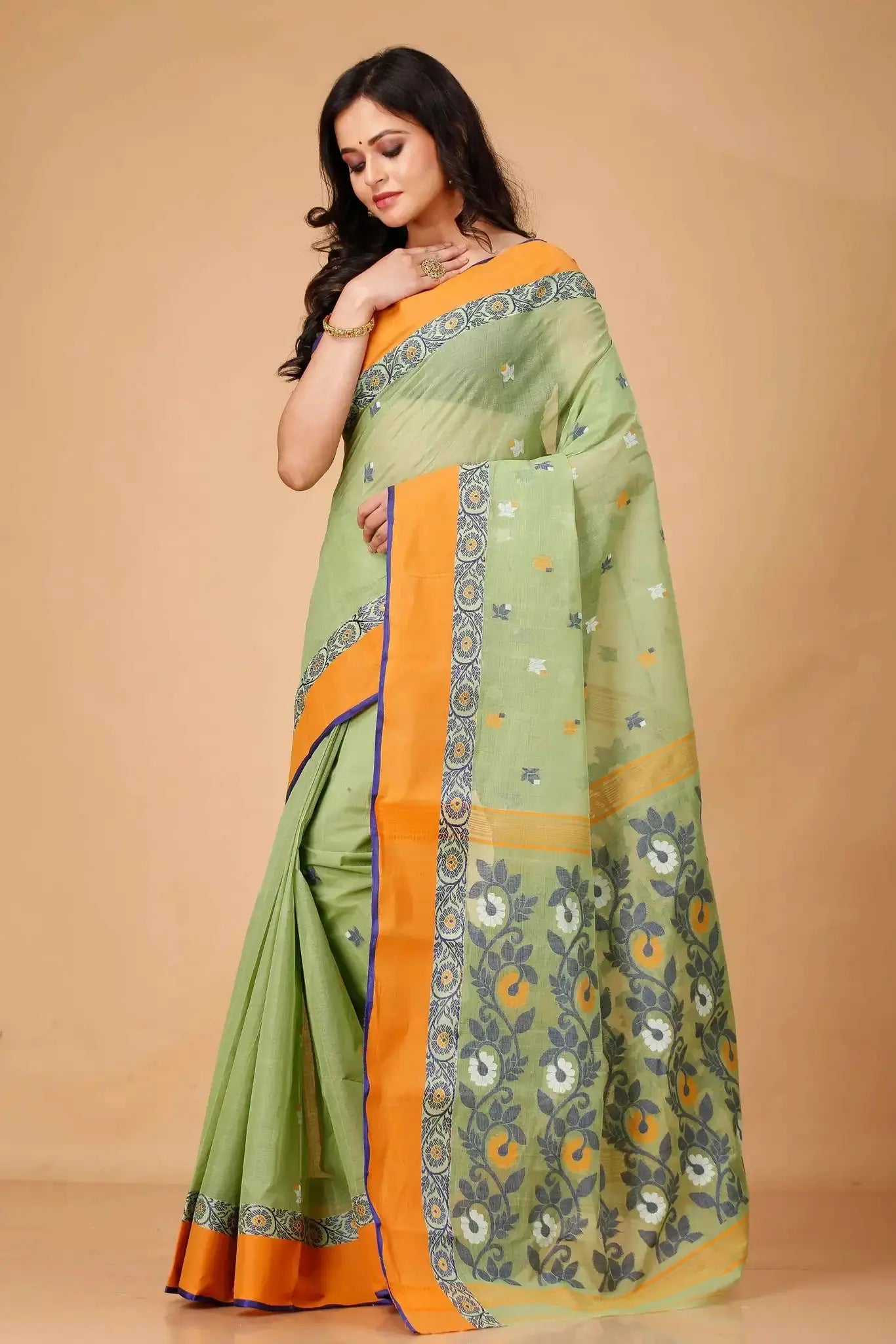 Light Olive- Pure Cotton Bengal Handloom Handwoven Saree With Elegant Border