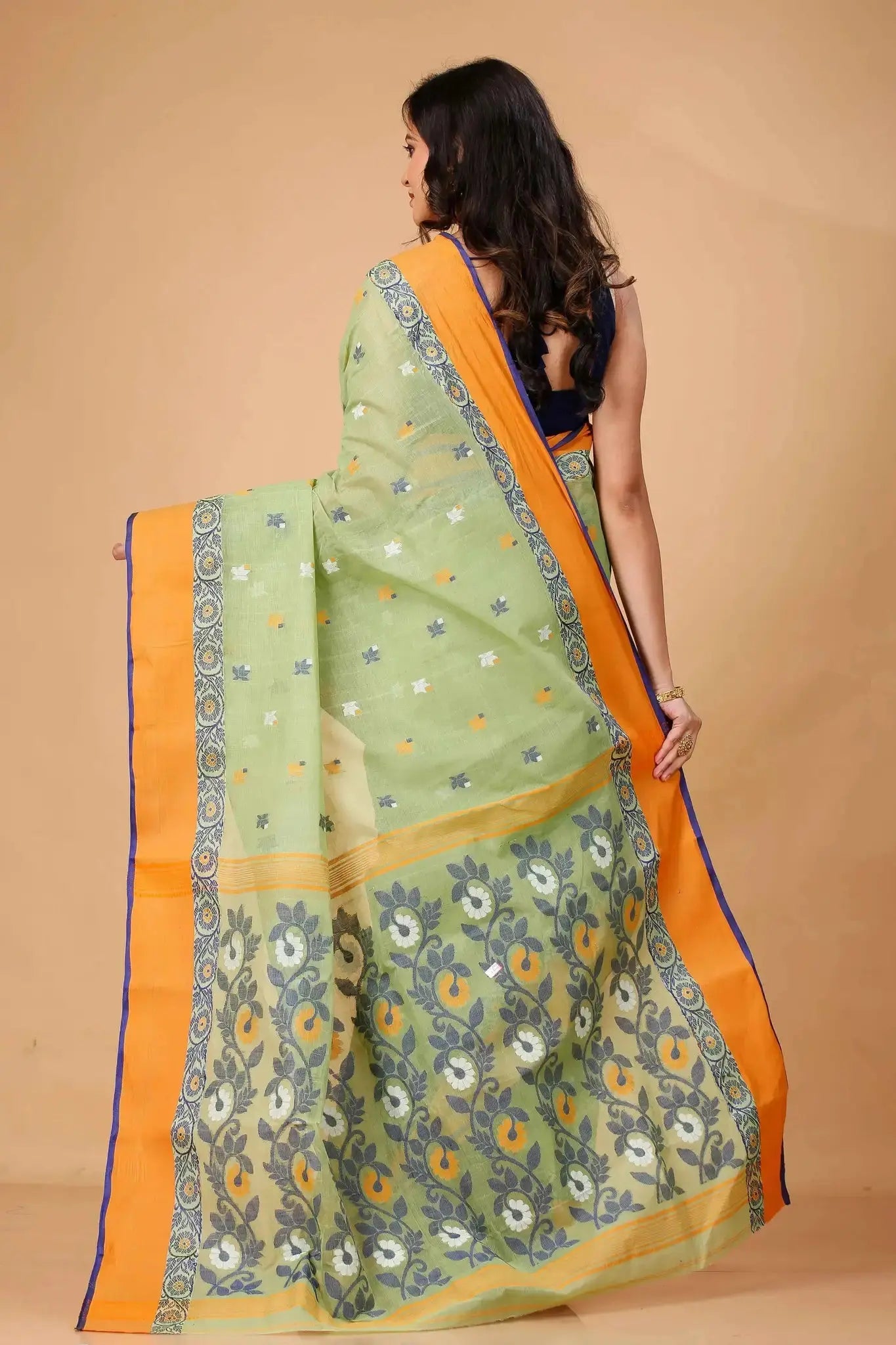 Light Olive- Pure Cotton Bengal Handloom Handwoven Saree With Elegant Border