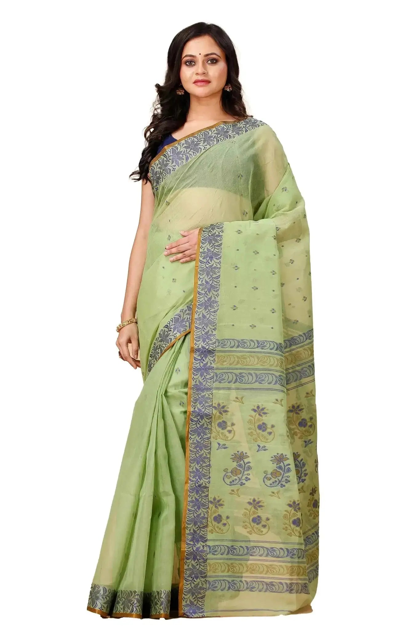 Olive Green- Pure Cotton Bengal Handloom Saree With Handwoven Block Print Border
