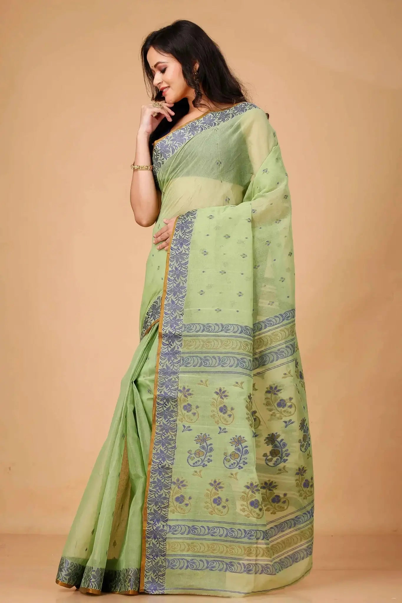 Olive Green- Pure Cotton Bengal Handloom Saree With Handwoven Block Print Border