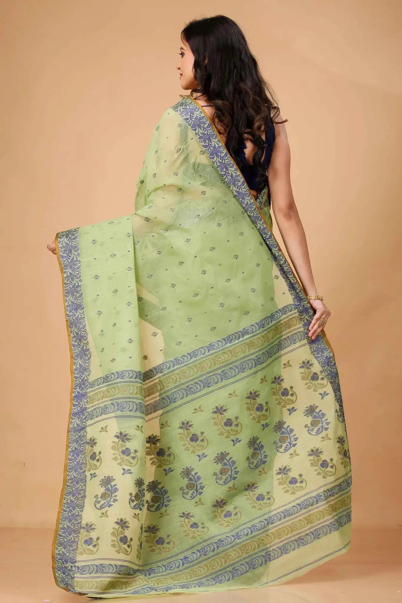 Olive Green- Pure Cotton Bengal Handloom Saree With Handwoven Block Print Border