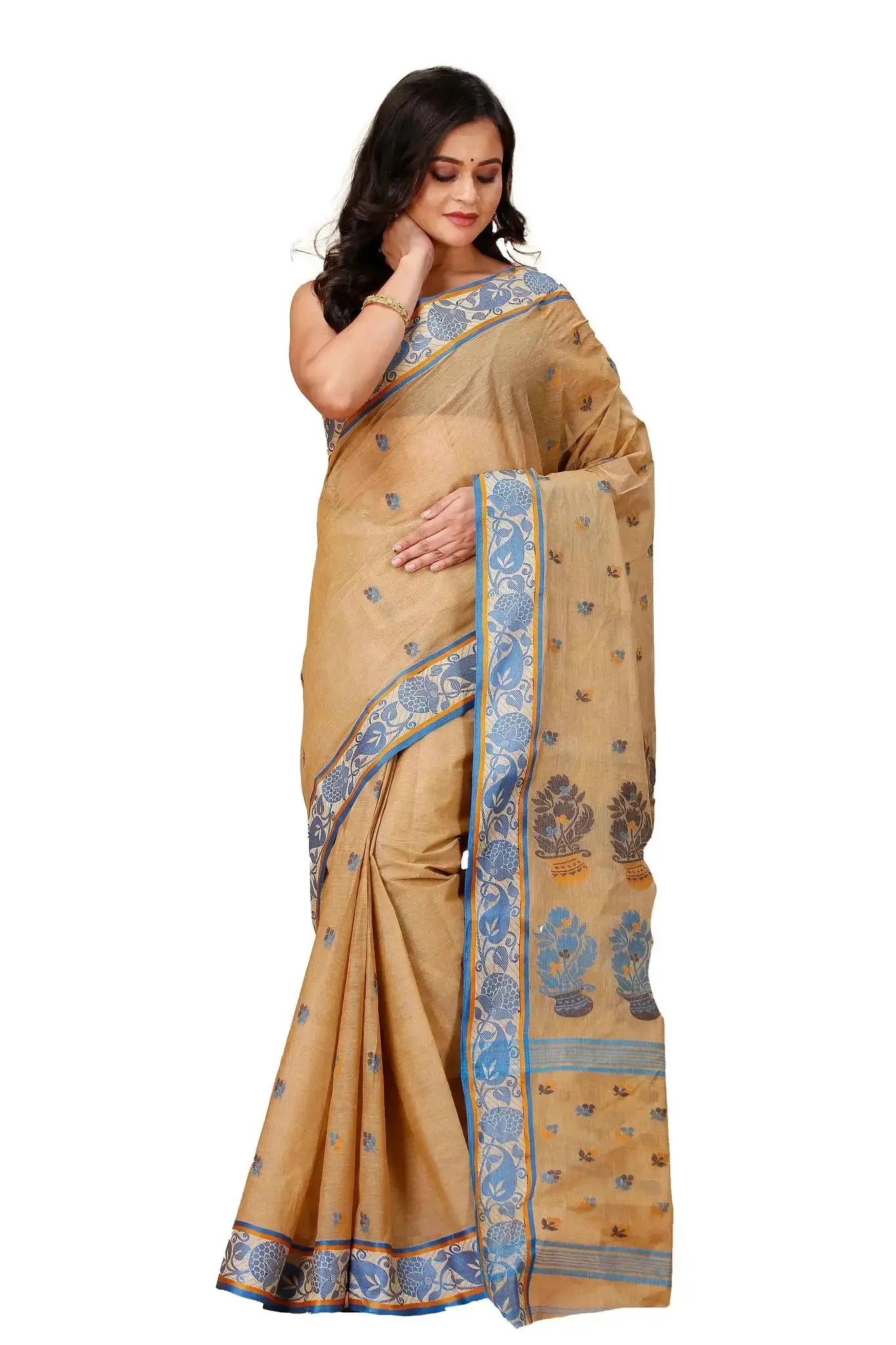 Sandy Brown- Pure Cotton Bengal Handloom Floral Patterns Indian Saree