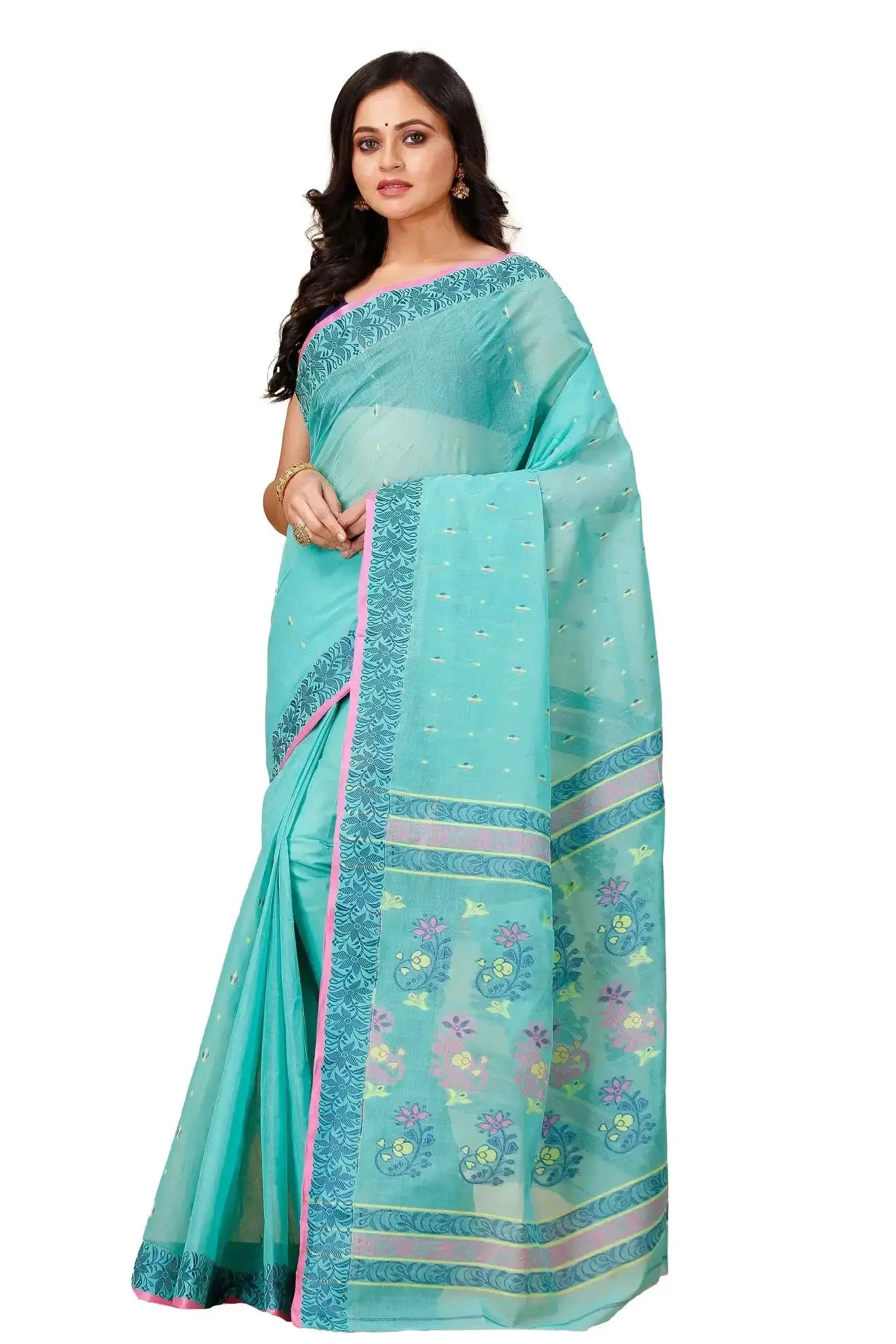 Light Blue- Pure Cotton Bengal Handloom Saree With Traditional Block Print Border