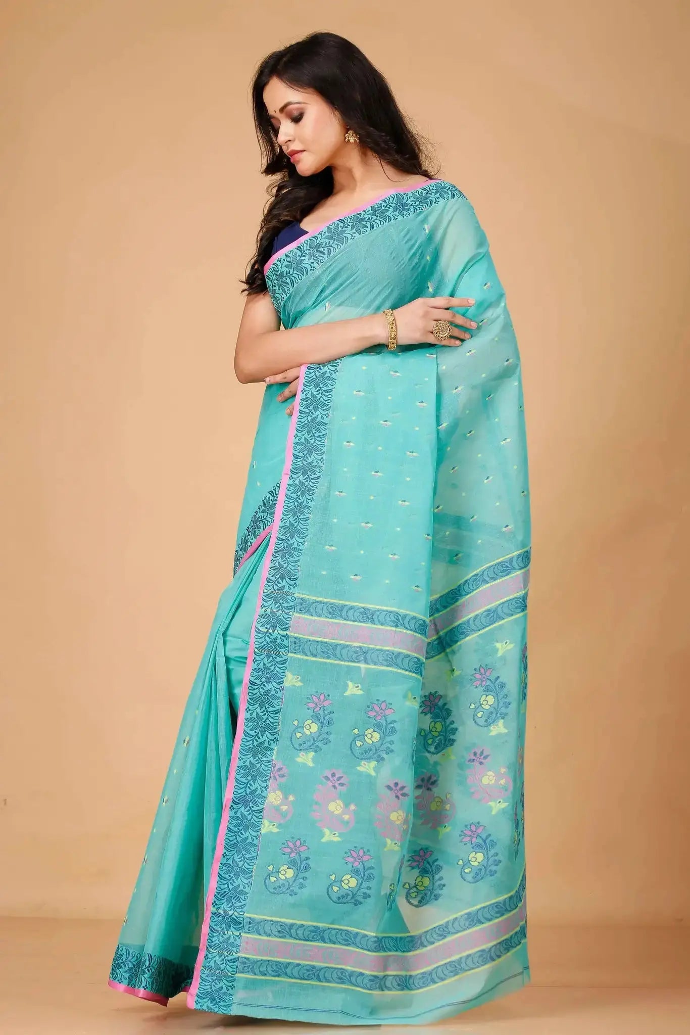 Light Blue- Pure Cotton Bengal Handloom Saree With Traditional Block Print Border