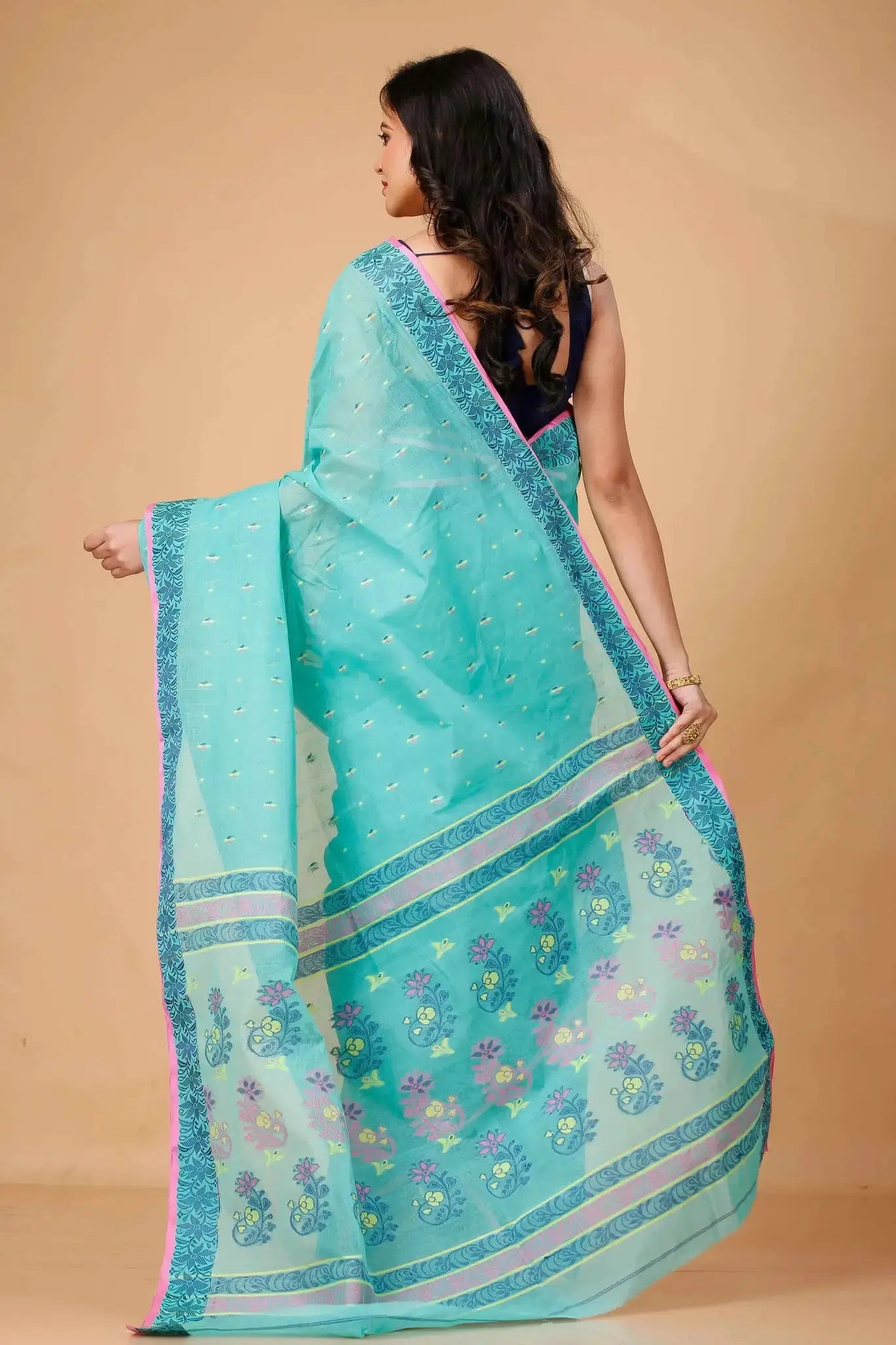 Light Blue- Pure Cotton Bengal Handloom Saree With Traditional Block Print Border