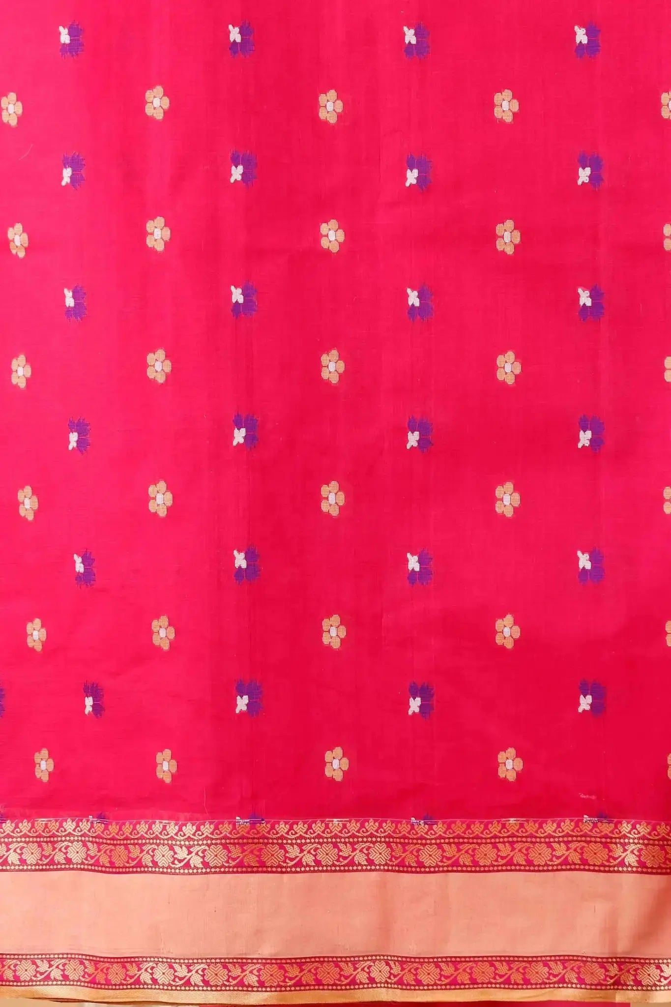 Raspberry- Pure Cotton Bengal Handloom Saree With Hand-Woven Patterns Beige Border