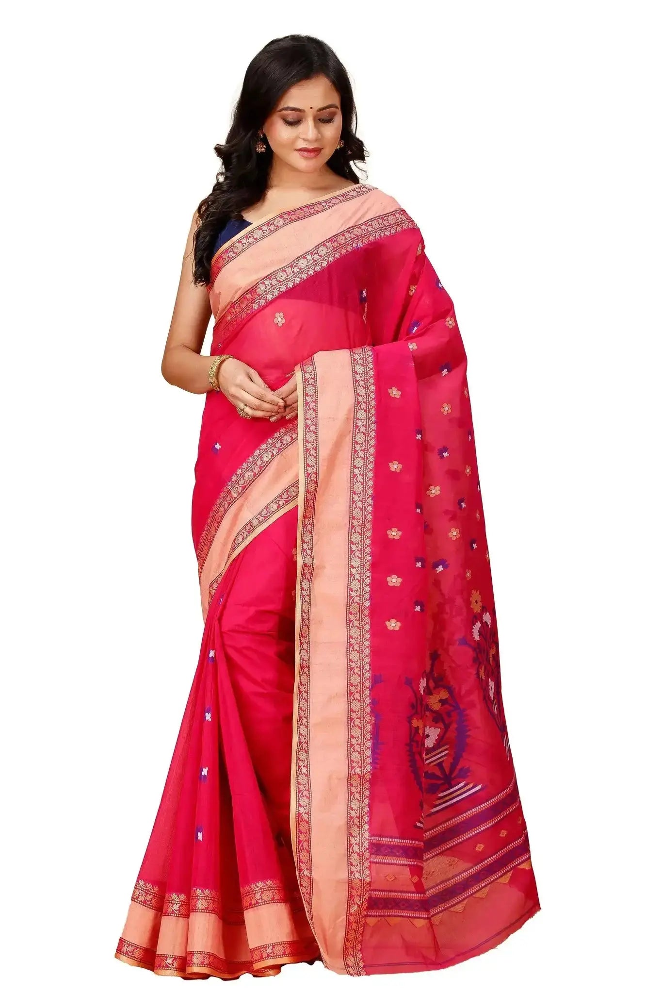 Raspberry- Pure Cotton Bengal Handloom Saree With Hand-Woven Patterns Beige Border
