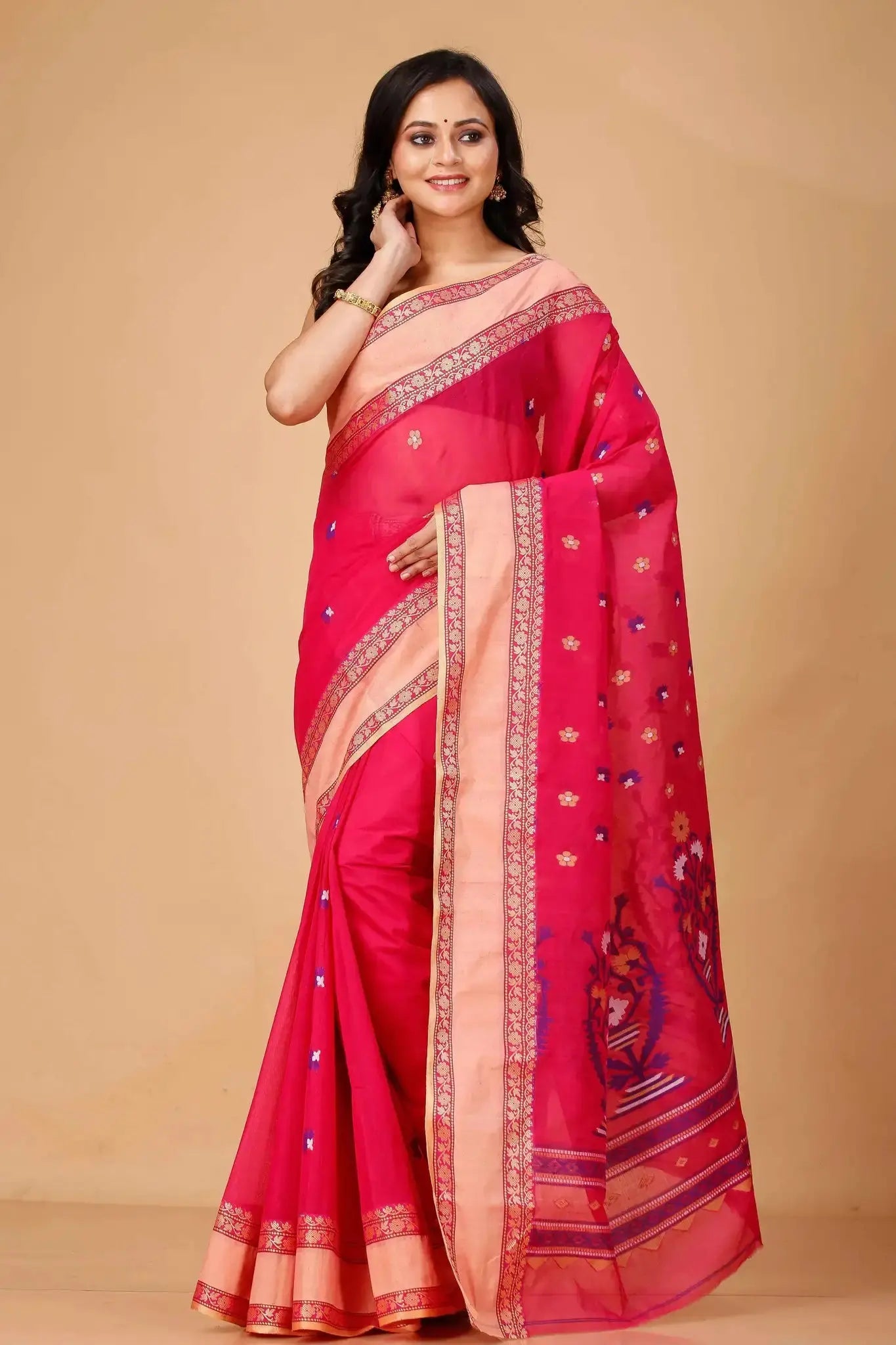 Raspberry- Pure Cotton Bengal Handloom Saree With Hand-Woven Patterns Beige Border