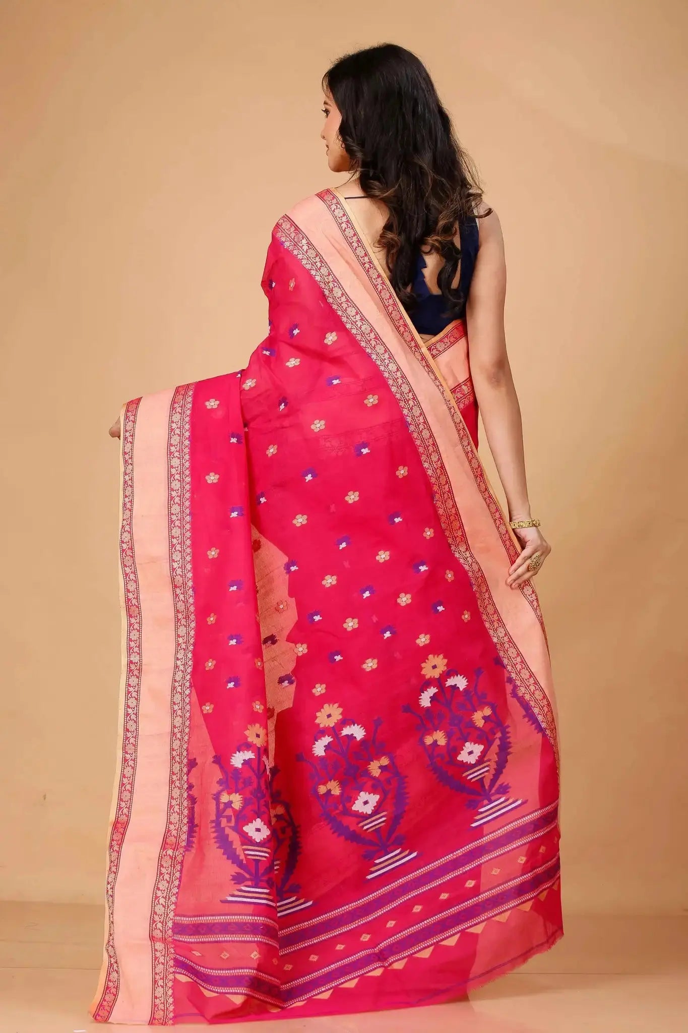 Raspberry- Pure Cotton Bengal Handloom Saree With Hand-Woven Patterns Beige Border