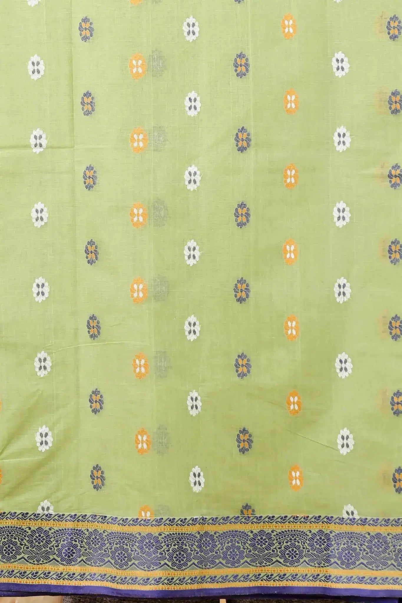 Pale Olive- Pure Cotton Bengal Handloom Saree With Traditional Woven Border