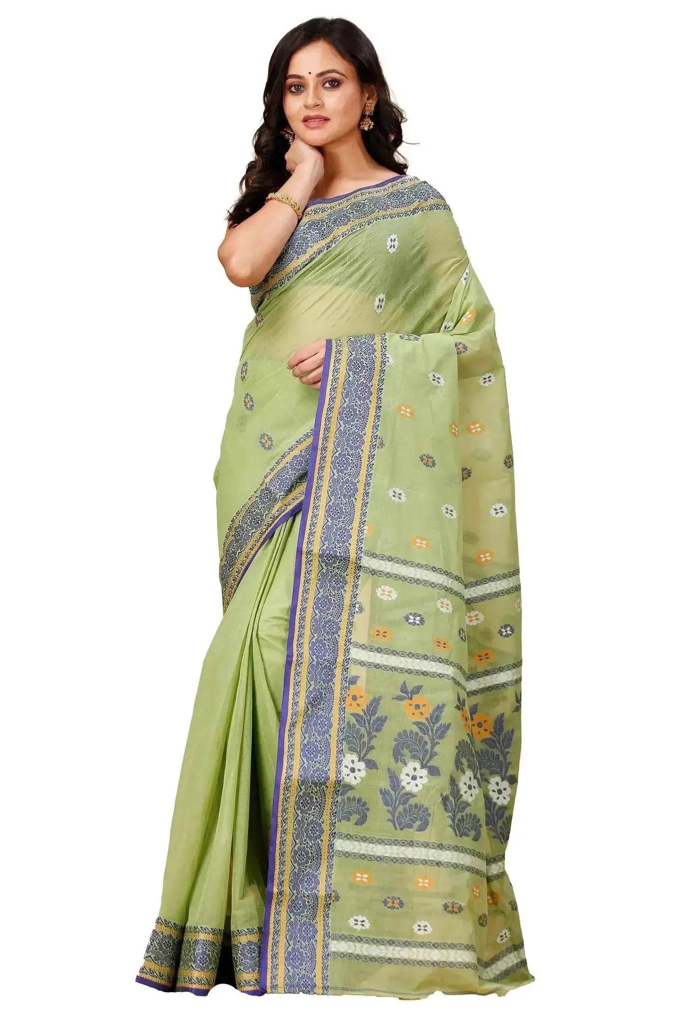 Pale Olive- Pure Cotton Bengal Handloom Saree With Traditional Woven Border