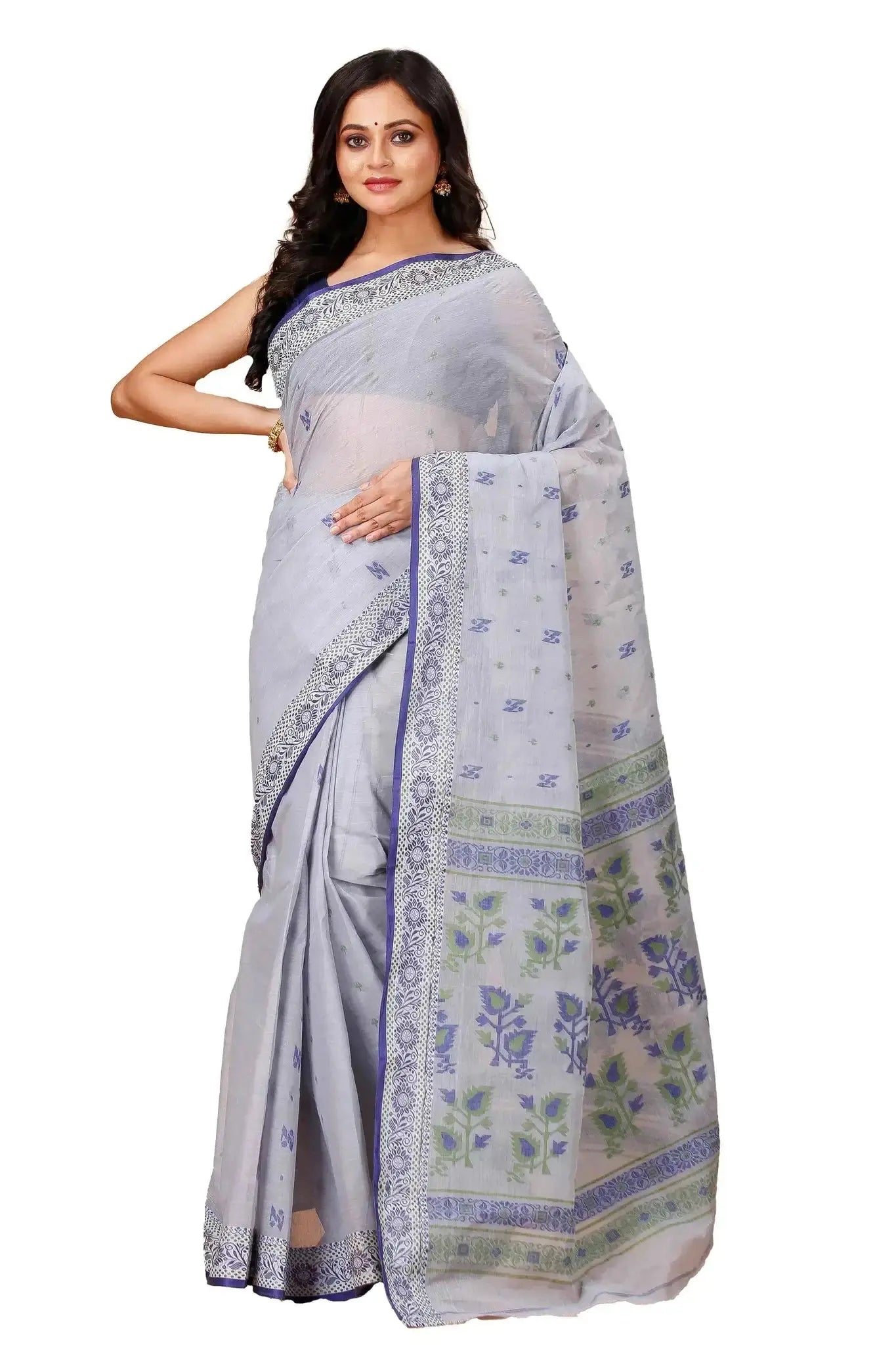 Lavender Grey- Pure Cotton Bengal Handloom Saree With Floral Pallu