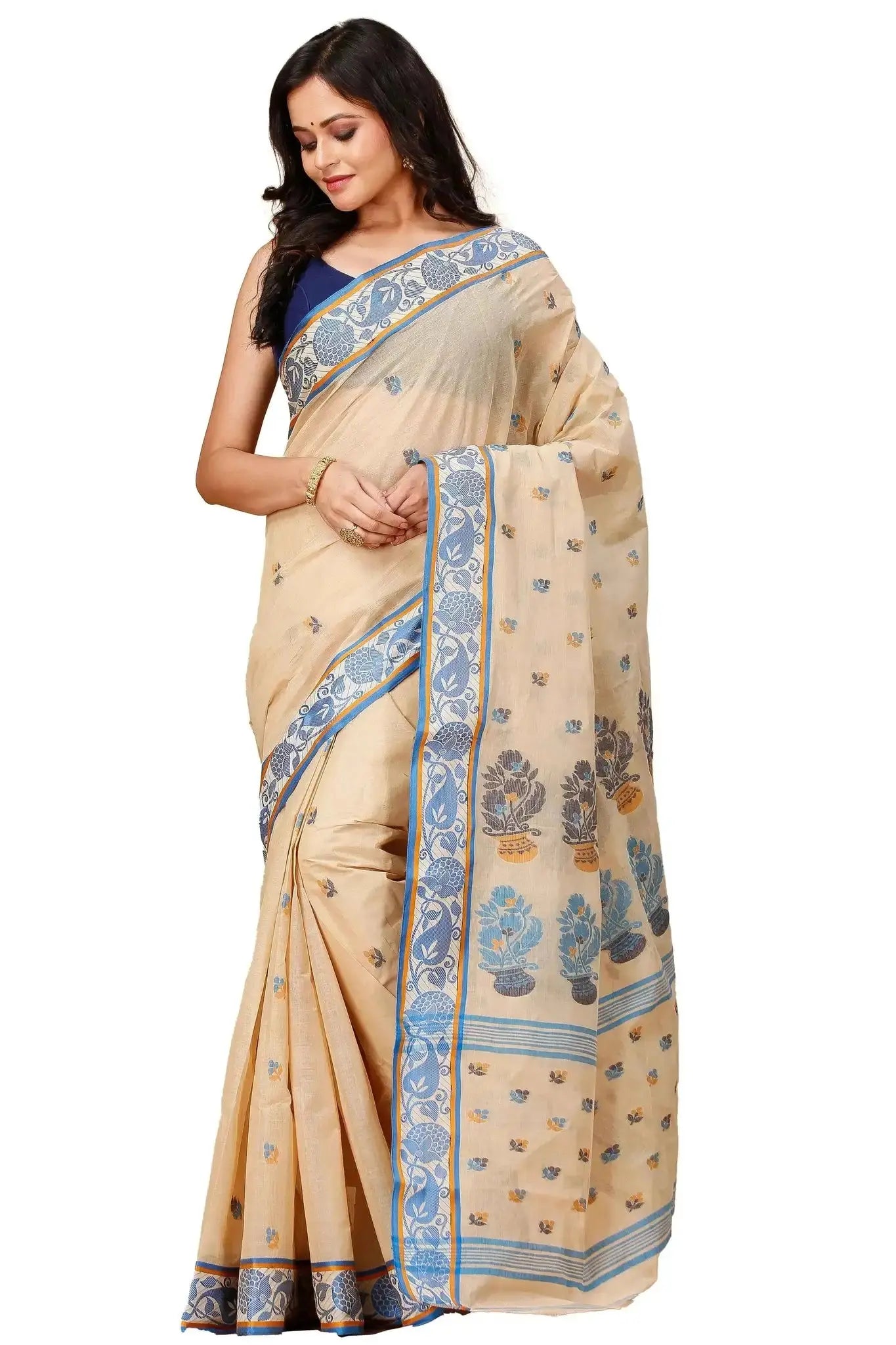 Peach Orange- Pure Cotton Bengal Handloom Saree With Classic Paisley Border