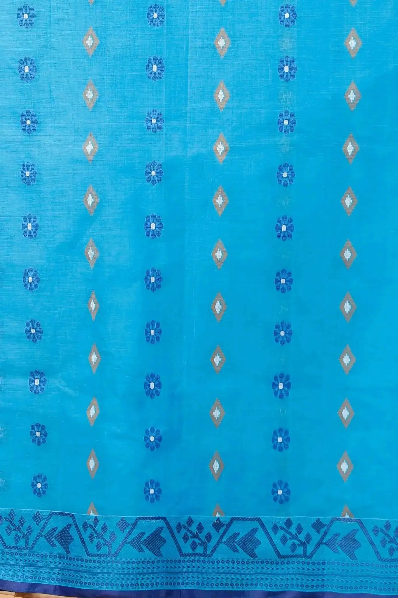 Pacific Blue- Pure Cotton Bengal Handloom Saree With Zari Border & Floral Pallu