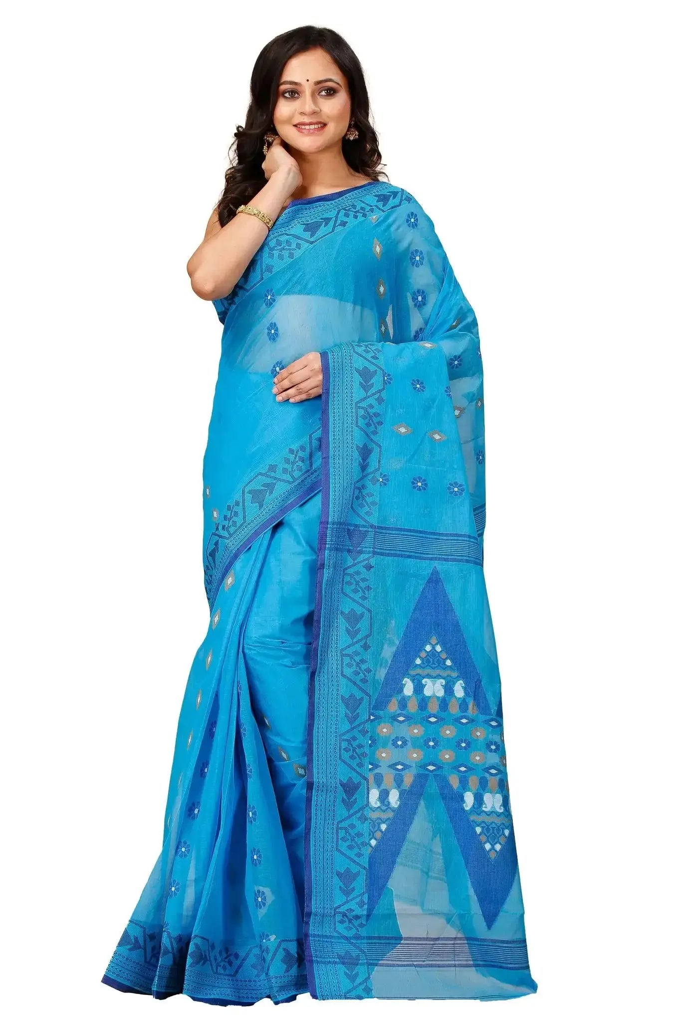 Pacific Blue- Pure Cotton Bengal Handloom Saree With Zari Border & Floral Pallu