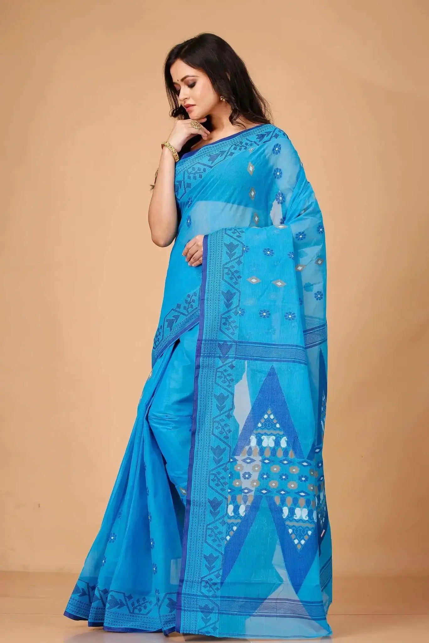 Pacific Blue- Pure Cotton Bengal Handloom Saree With Zari Border & Floral Pallu