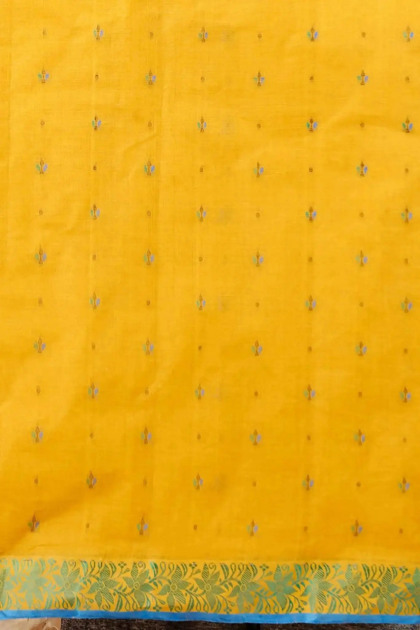 Yellowish Orange- Traditional Block Print Border Pure Cotton Bengal Handloom Saree