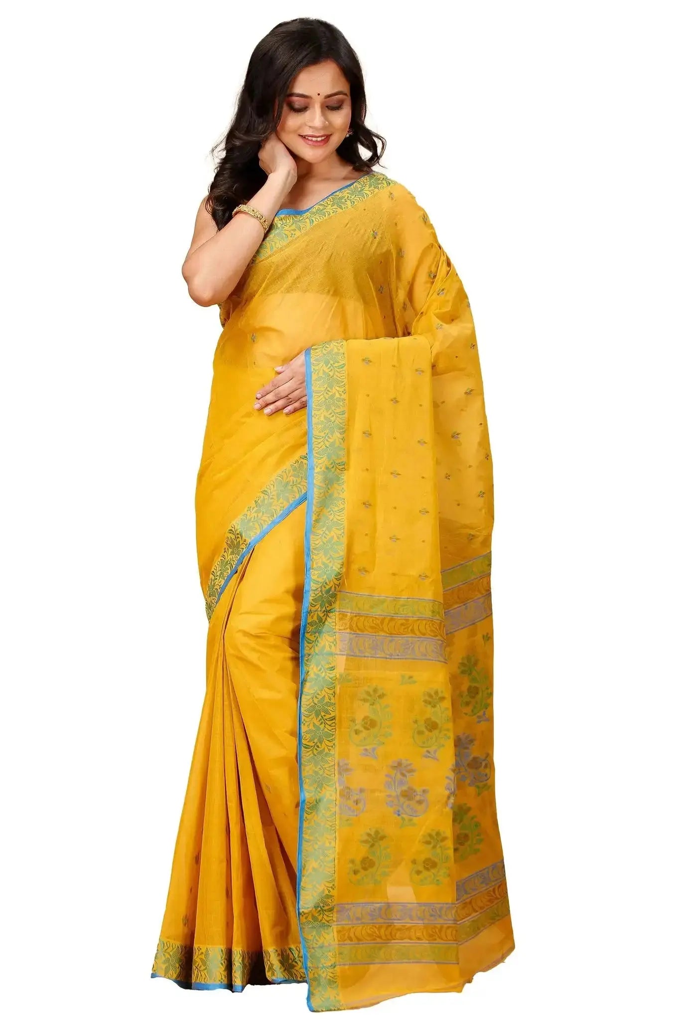 Yellowish Orange- Traditional Block Print Border Pure Cotton Bengal Handloom Saree