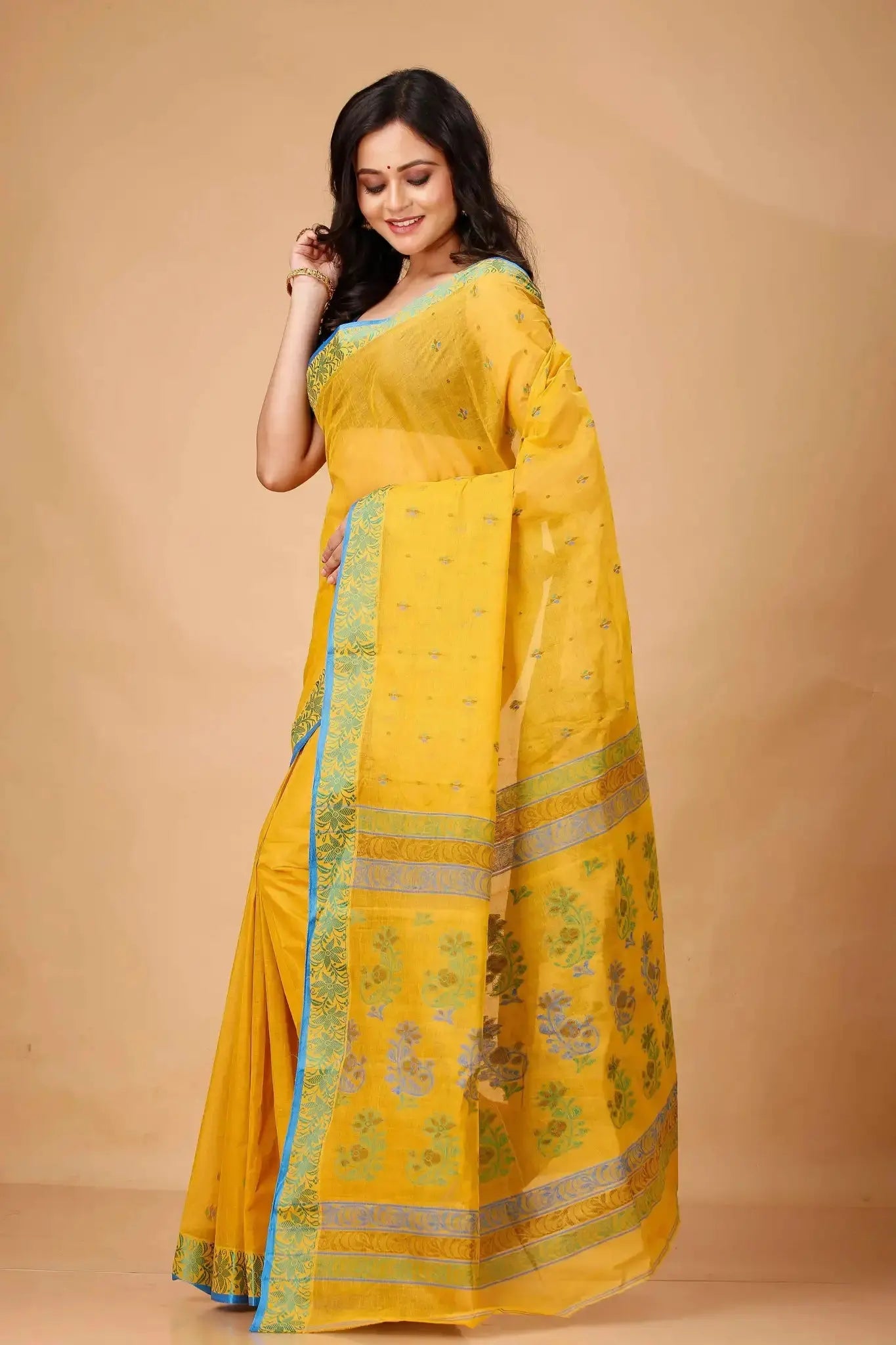 Yellowish Orange- Traditional Block Print Border Pure Cotton Bengal Handloom Saree