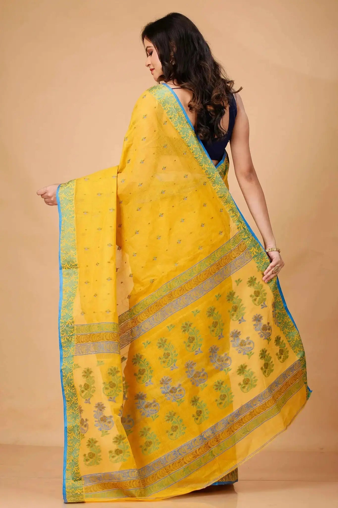 Yellowish Orange- Traditional Block Print Border Pure Cotton Bengal Handloom Saree