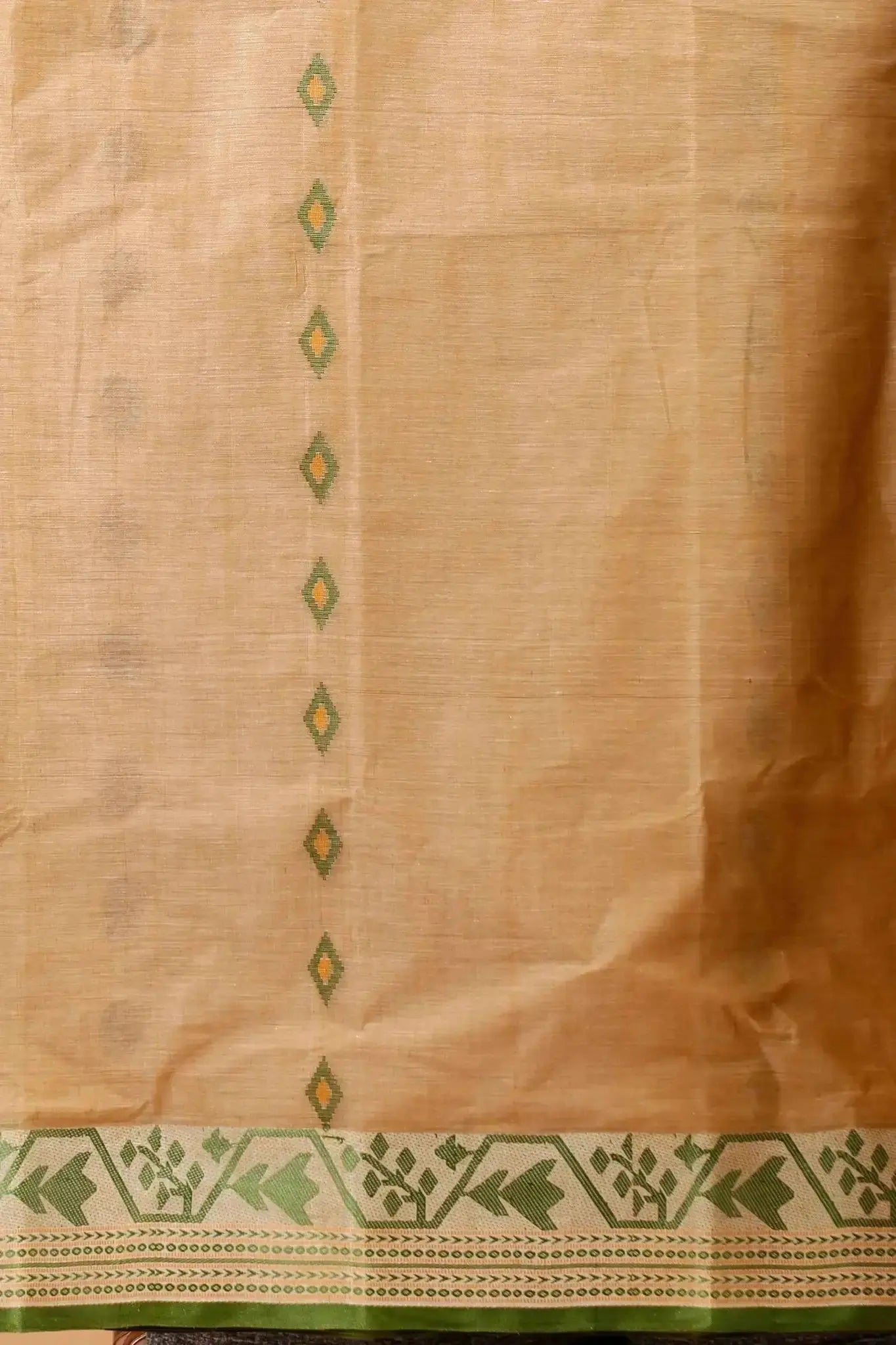 Sand Brown- Pure Cotton Bengal Handloom Saree With Green Zari Border & Floral Pallu