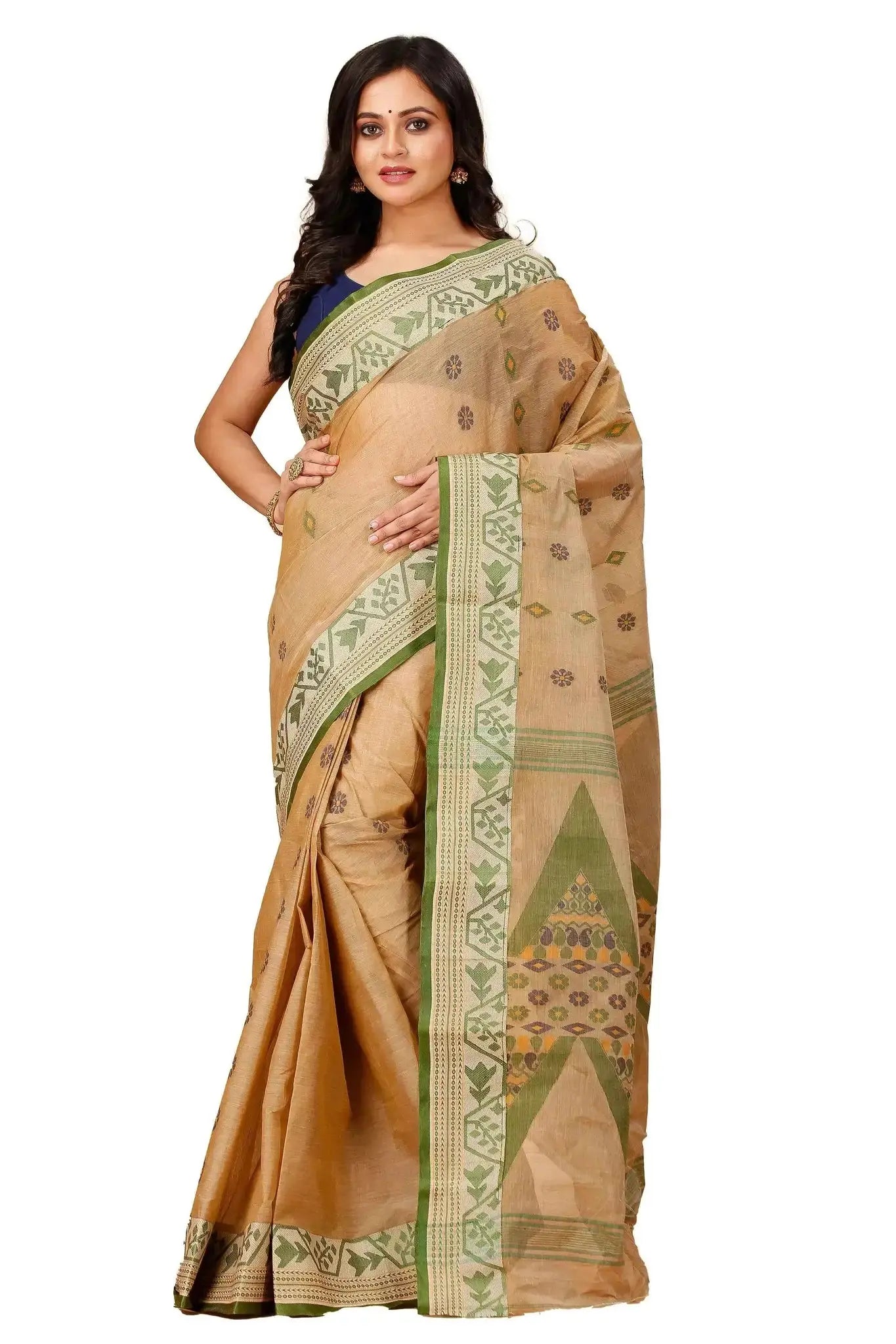Sand Brown- Pure Cotton Bengal Handloom Saree With Green Zari Border & Floral Pallu