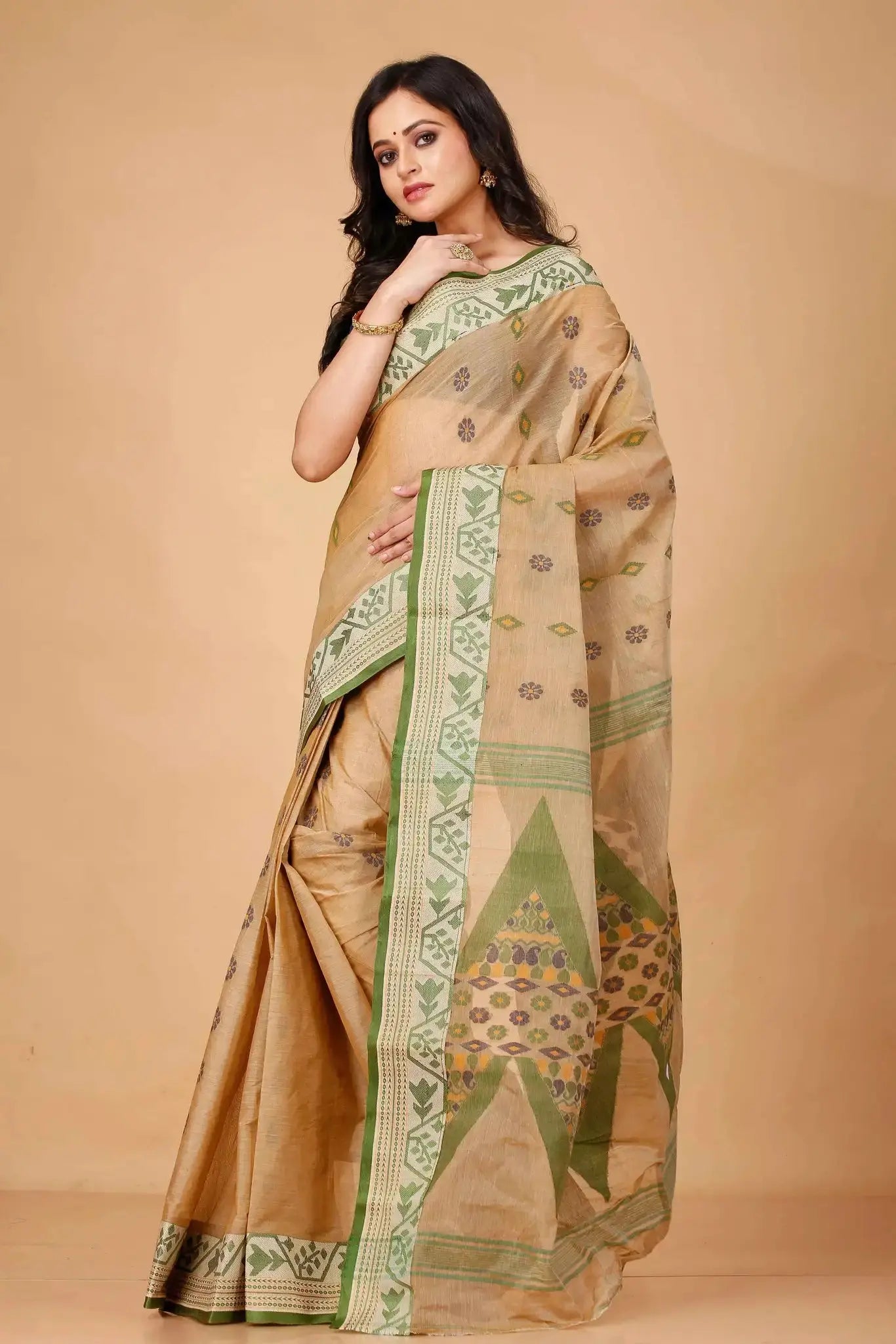 Sand Brown- Pure Cotton Bengal Handloom Saree With Green Zari Border & Floral Pallu