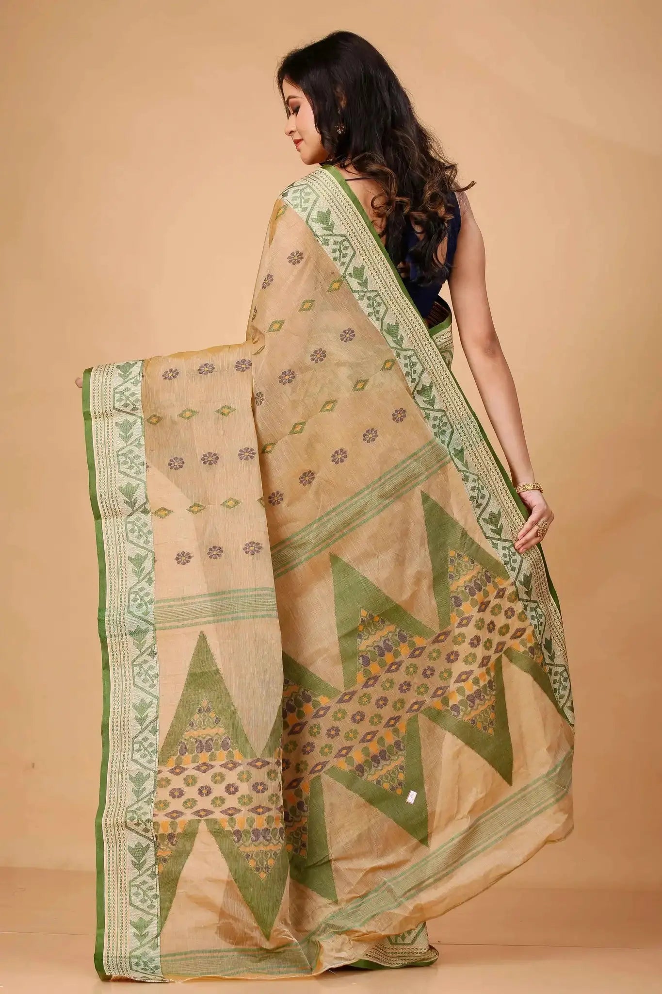 Sand Brown- Pure Cotton Bengal Handloom Saree With Green Zari Border & Floral Pallu
