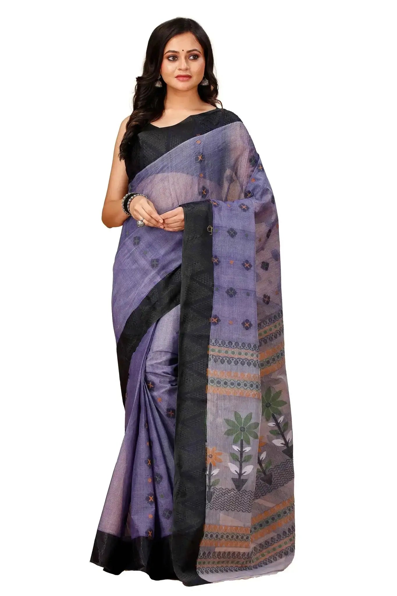Lavender- Pure Cotton Bengal Handloom Saree With Black Border & Floral Woven Pallu