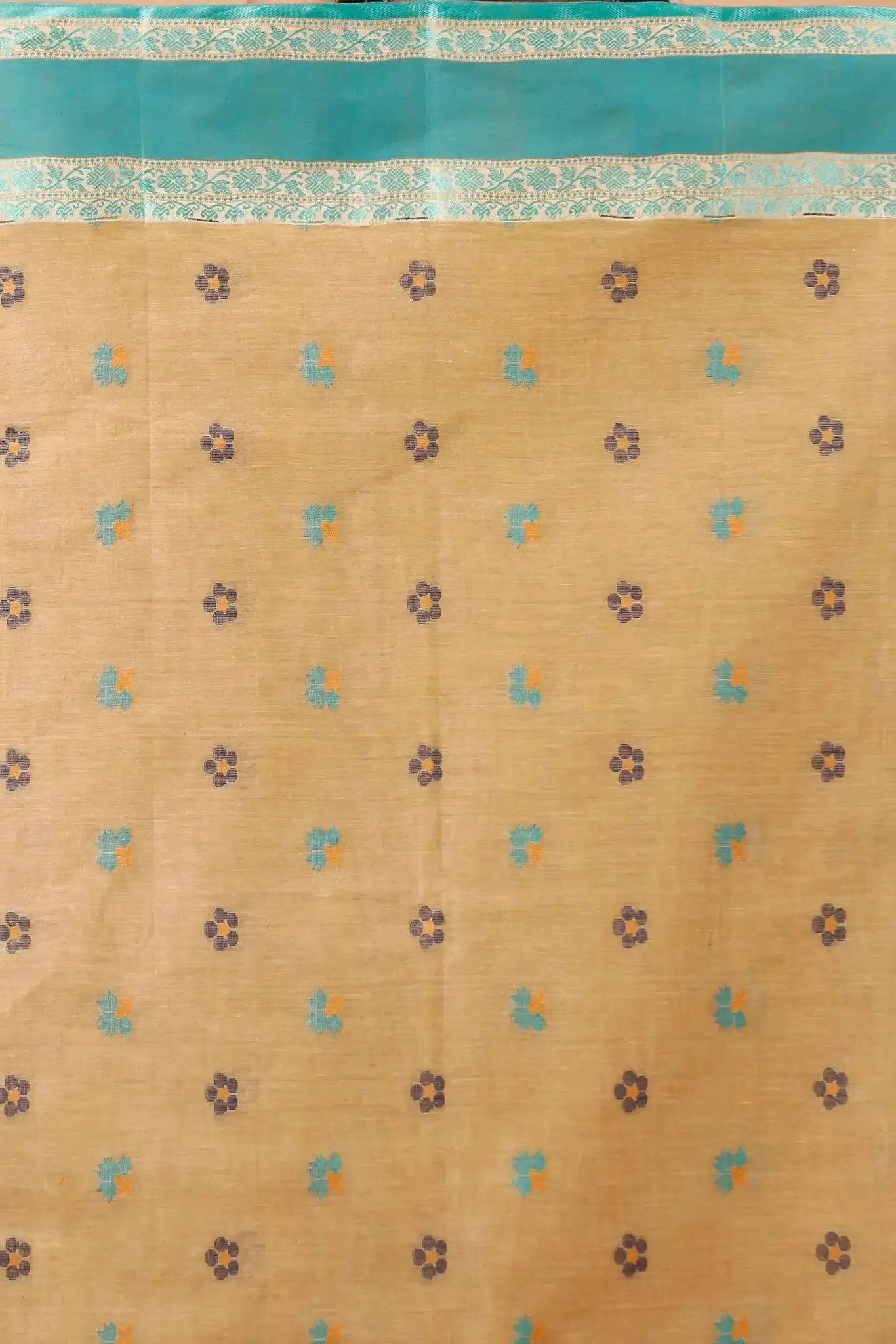 Sand Brown- Pure Cotton Bengal Handloom Saree With Ethnic Embroidery Contrast Border