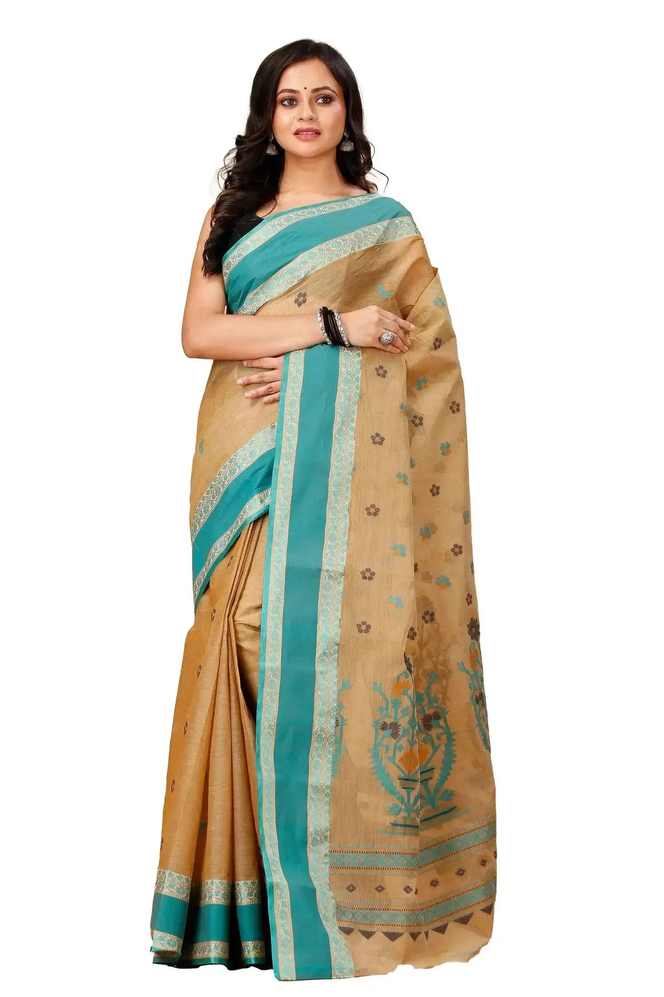 Sand Brown- Pure Cotton Bengal Handloom Saree With Ethnic Embroidery Contrast Border