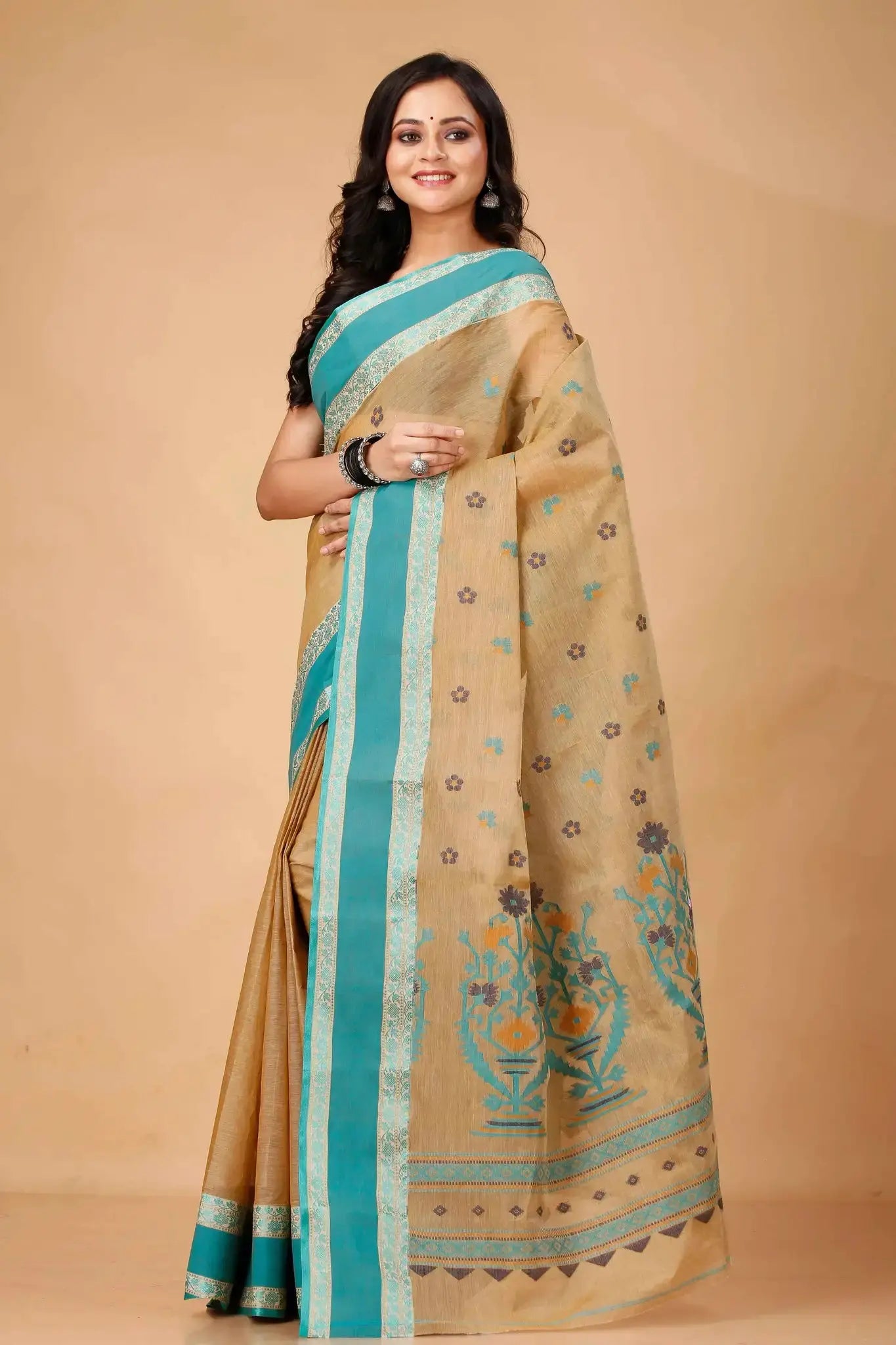 Sand Brown- Pure Cotton Bengal Handloom Saree With Ethnic Embroidery Contrast Border