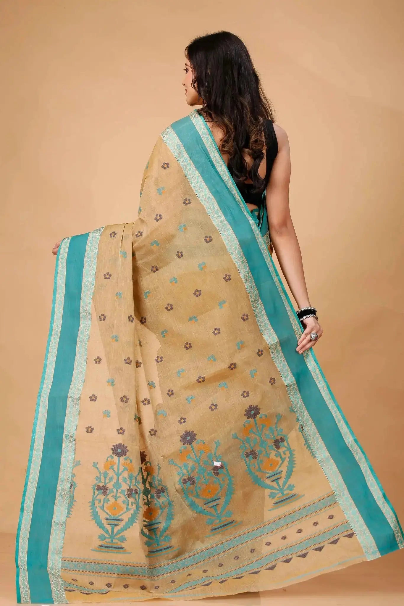 Sand Brown- Pure Cotton Bengal Handloom Saree With Ethnic Embroidery Contrast Border