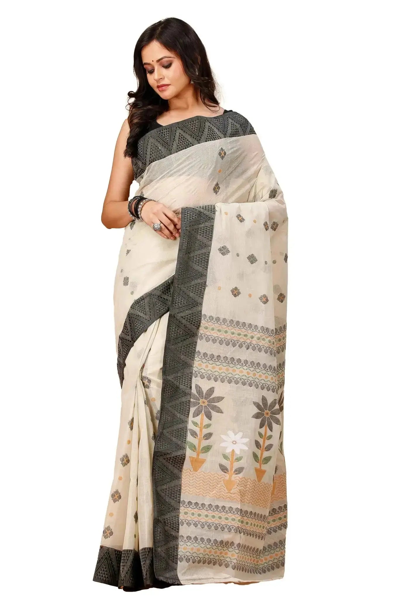 Moon Mist- Pure Cotton Bengal Handloom Saree With Elegant Woven Motifs