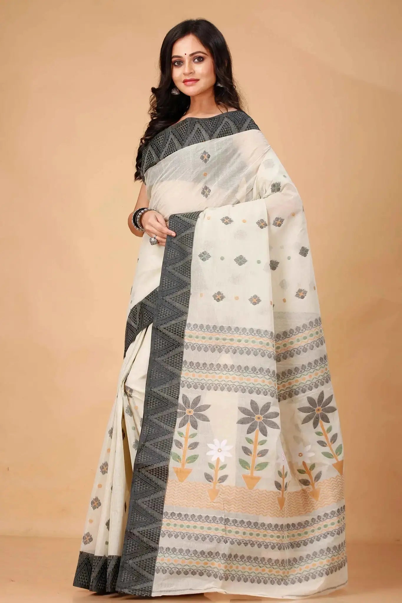 Moon Mist- Pure Cotton Bengal Handloom Saree With Elegant Woven Motifs