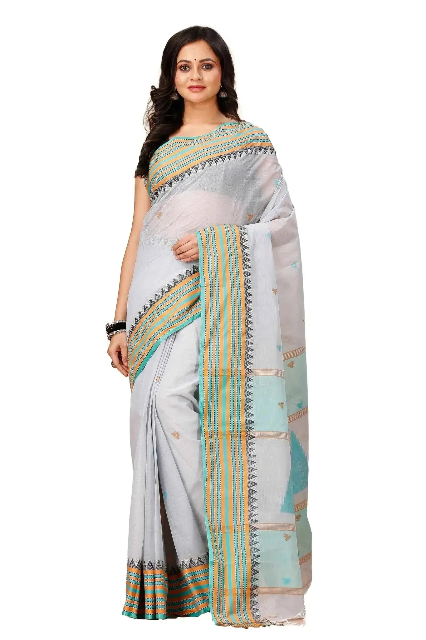 Moon Mist- Pure Cotton Bengal Handloom Saree With Colorful Striped Border